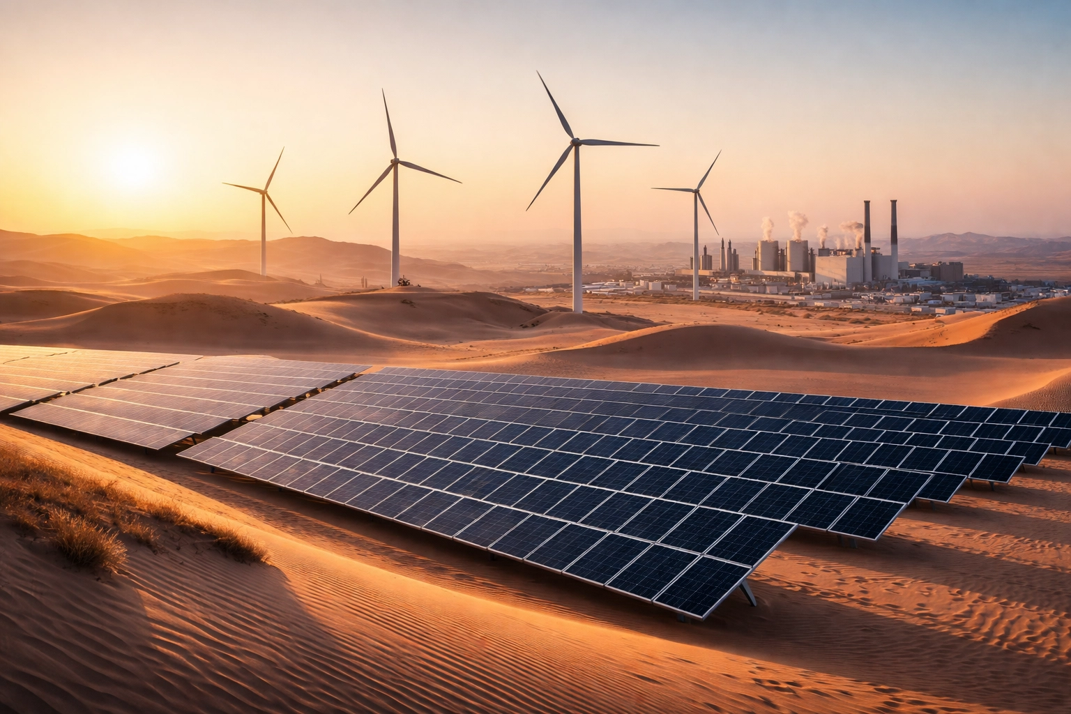 Solar panels and wind turbines in a desert at sunrise, illustrating Middle East economic diversification and renewable growth