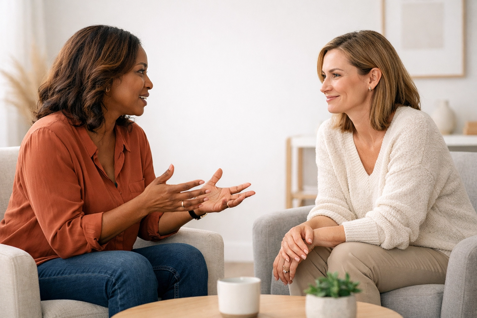 Business coach and client having a focused conversation about creating an effective messaging strategy.