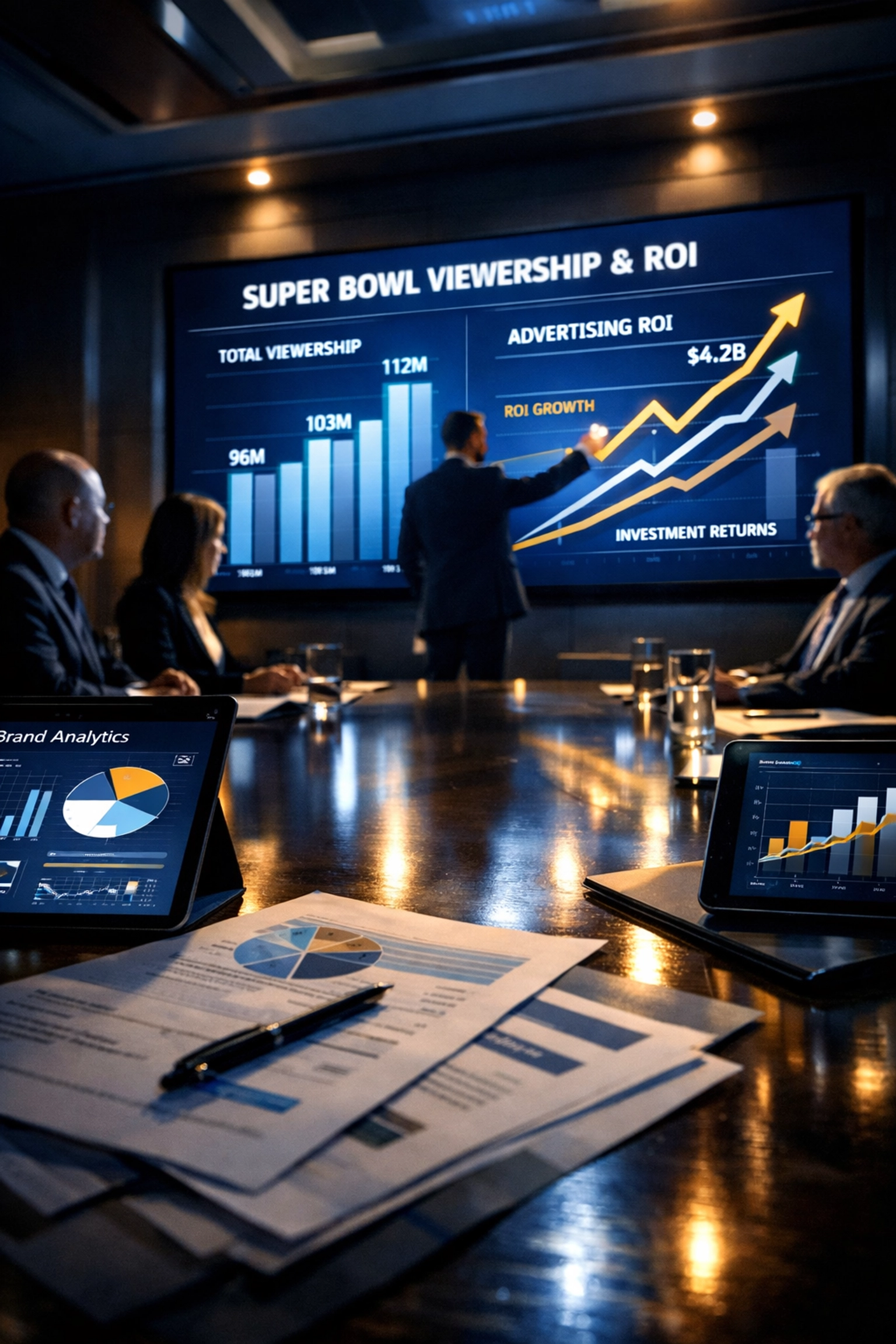 CMO reviewing Super Bowl advertising ROI data and viewership statistics in corporate boardroom presentation