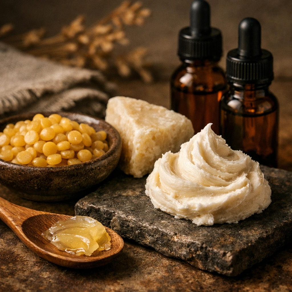 Beeswax, candelilla wax, shea butter, and beard oils highlighting quality beard wax ingredients