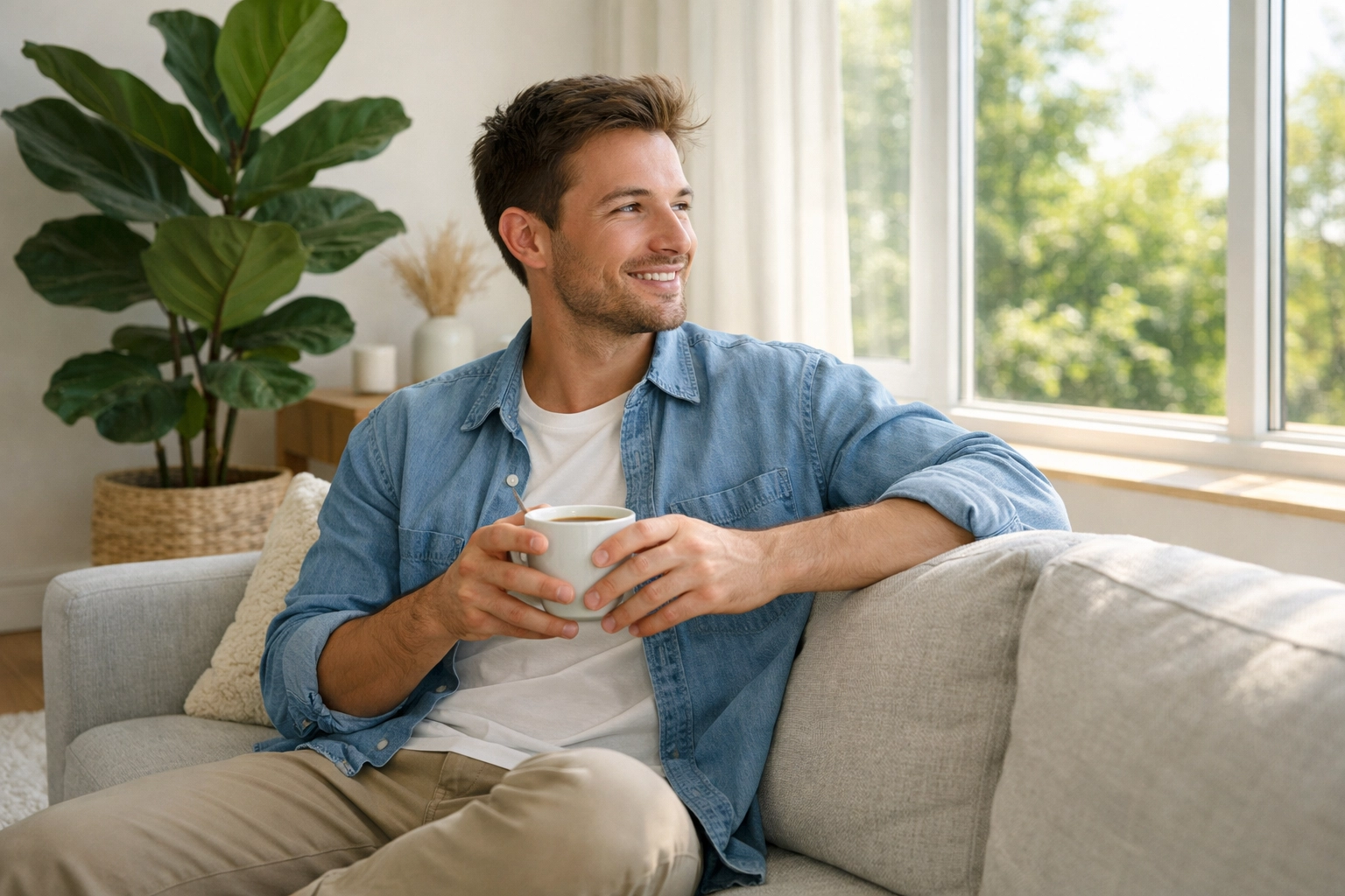 A relaxed professional enjoying a bright, modern shared living room in a Charlotte co-living home.