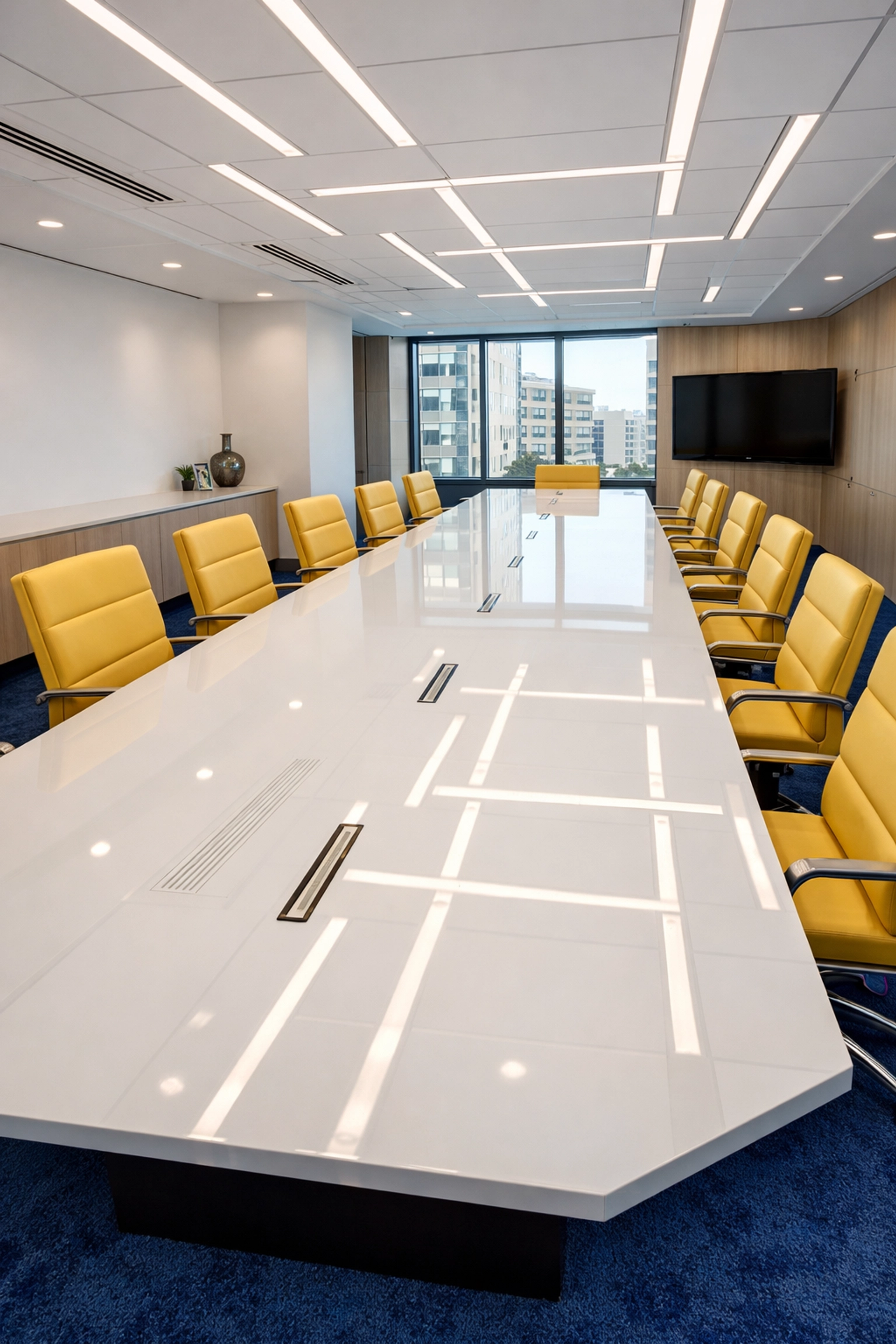 Polished East Cambridge conference room showing detailed monthly office cleaning results for local businesses.