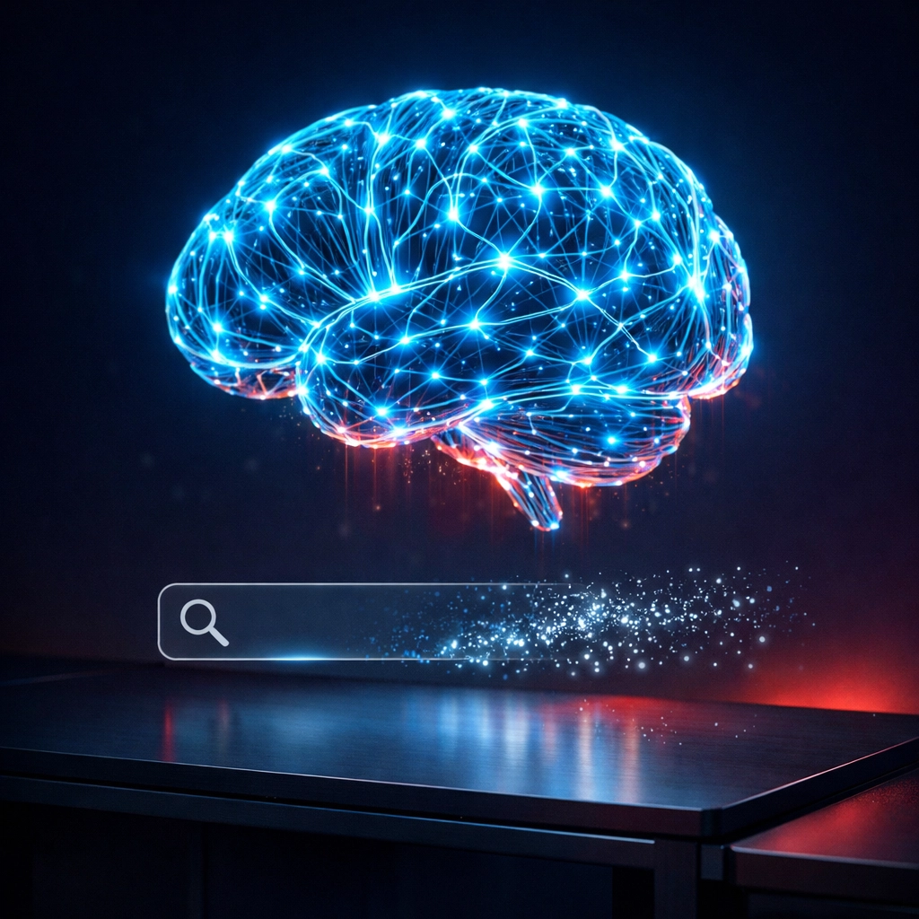 AI brain neural network replacing traditional search bar showing GEO evolution