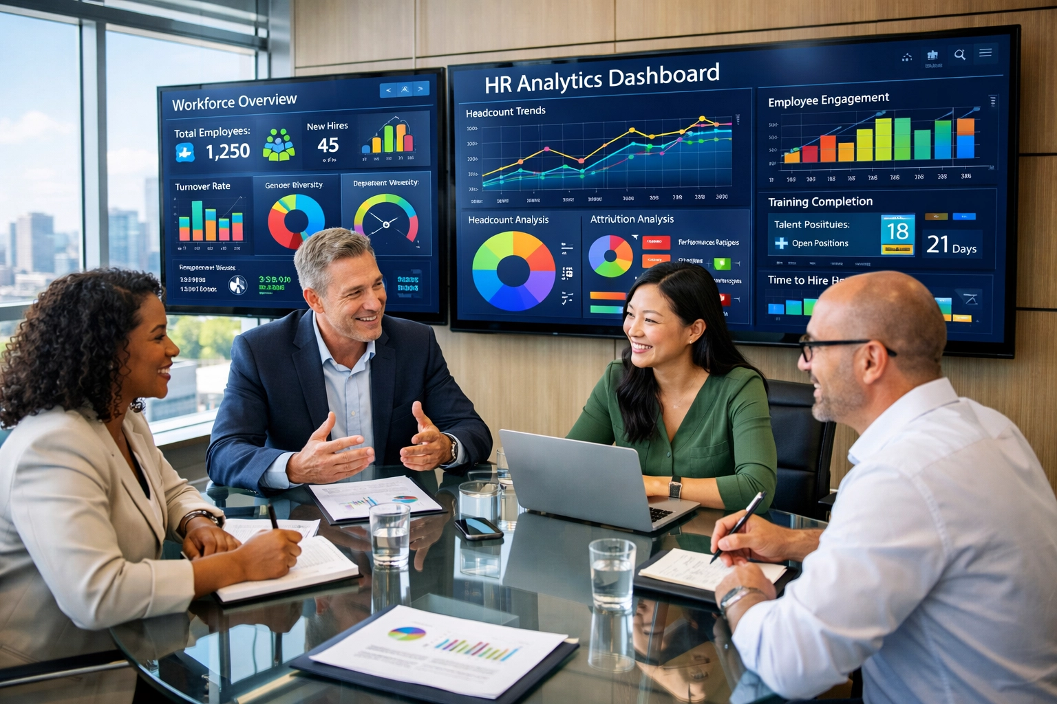 Banking HR team reviewing ServiceNow HRSD analytics dashboards showing workforce metrics and compliance data