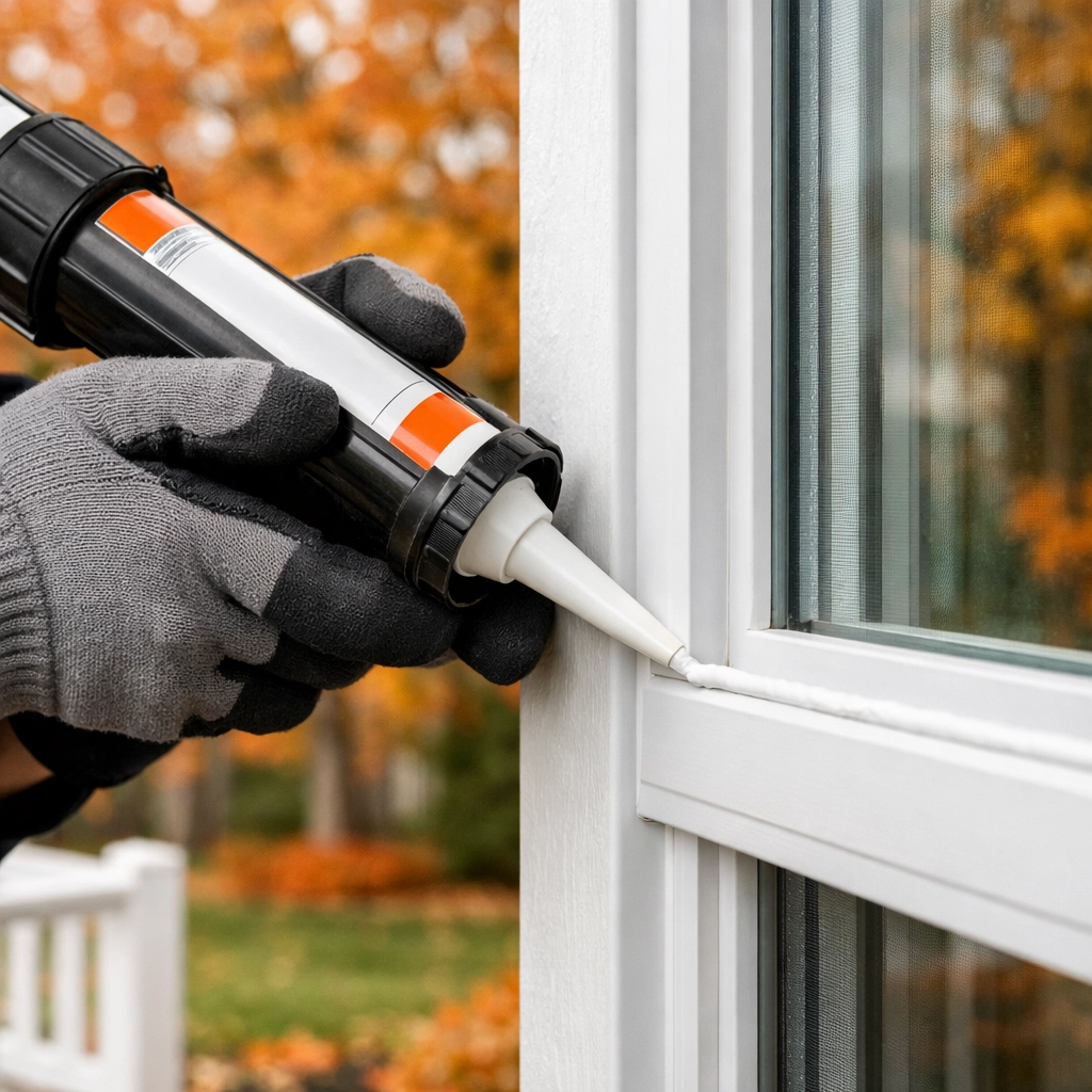 Professional technician sealing window frames for fall property maintenance and Southern Kentucky home repairs.