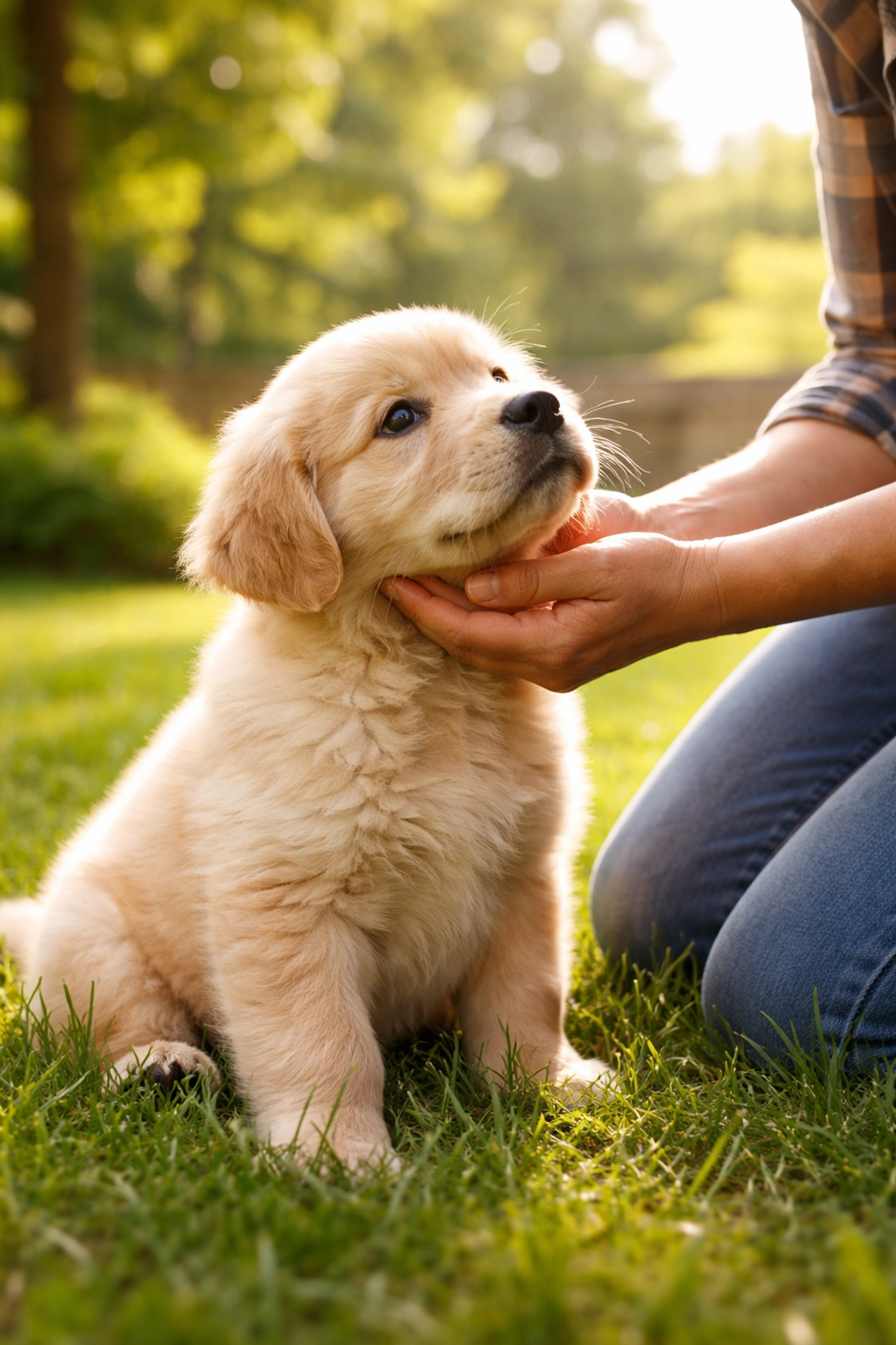 One-on-one outdoor socialization between a 5-week-old Golden Retriever puppy and caregiver in Oregon