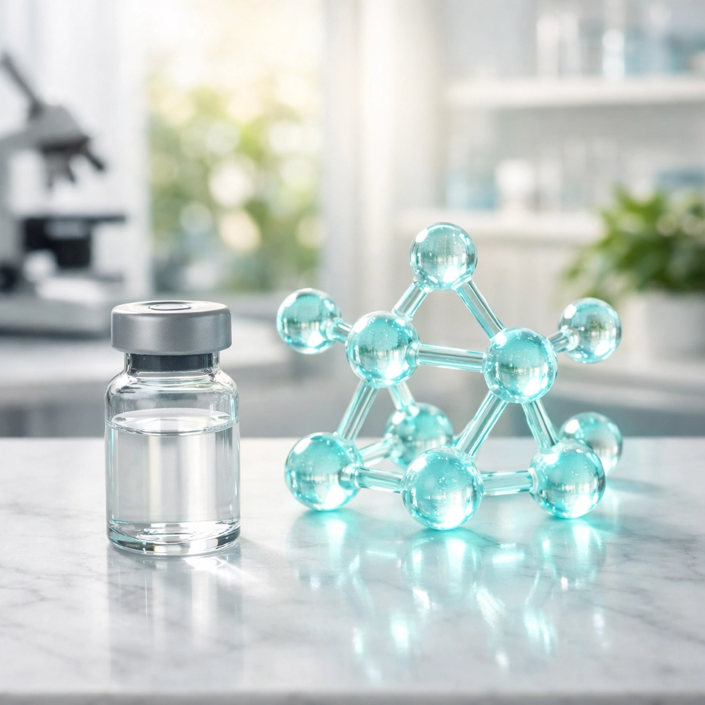 Medical vial and molecular model representing semaglutide active ingredients for Wegovy substitutes.