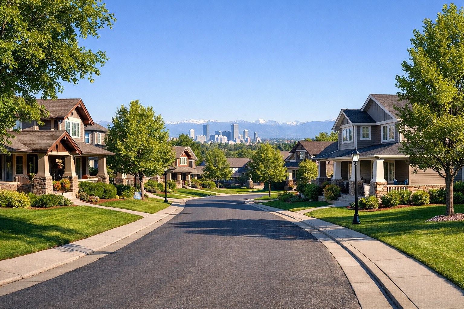 Upscale craftsman homes in a quiet Centennial Colorado neighborhood with Denver skyline views.