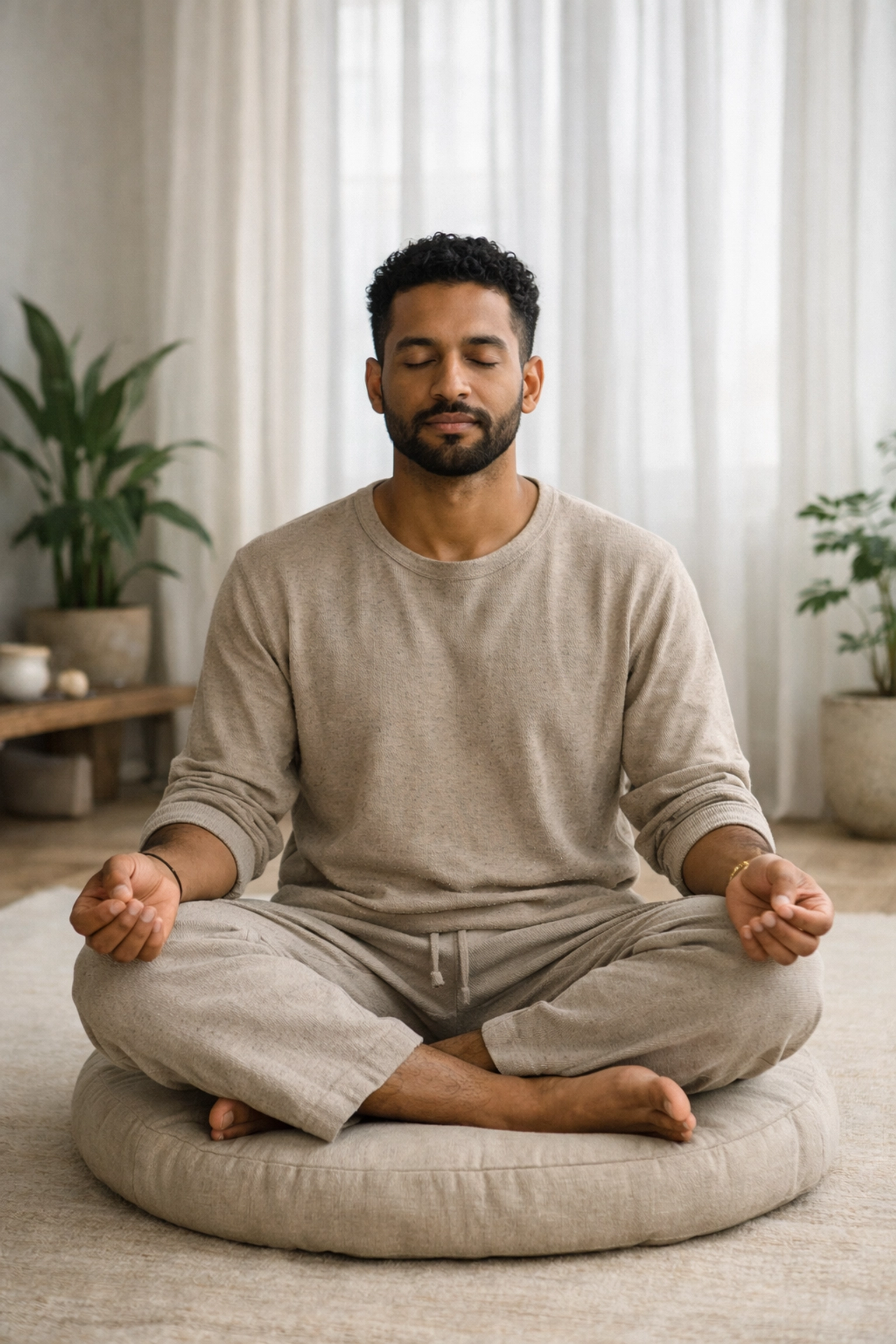 Man meditating in peaceful morning setting for mental clarity and mindfulness