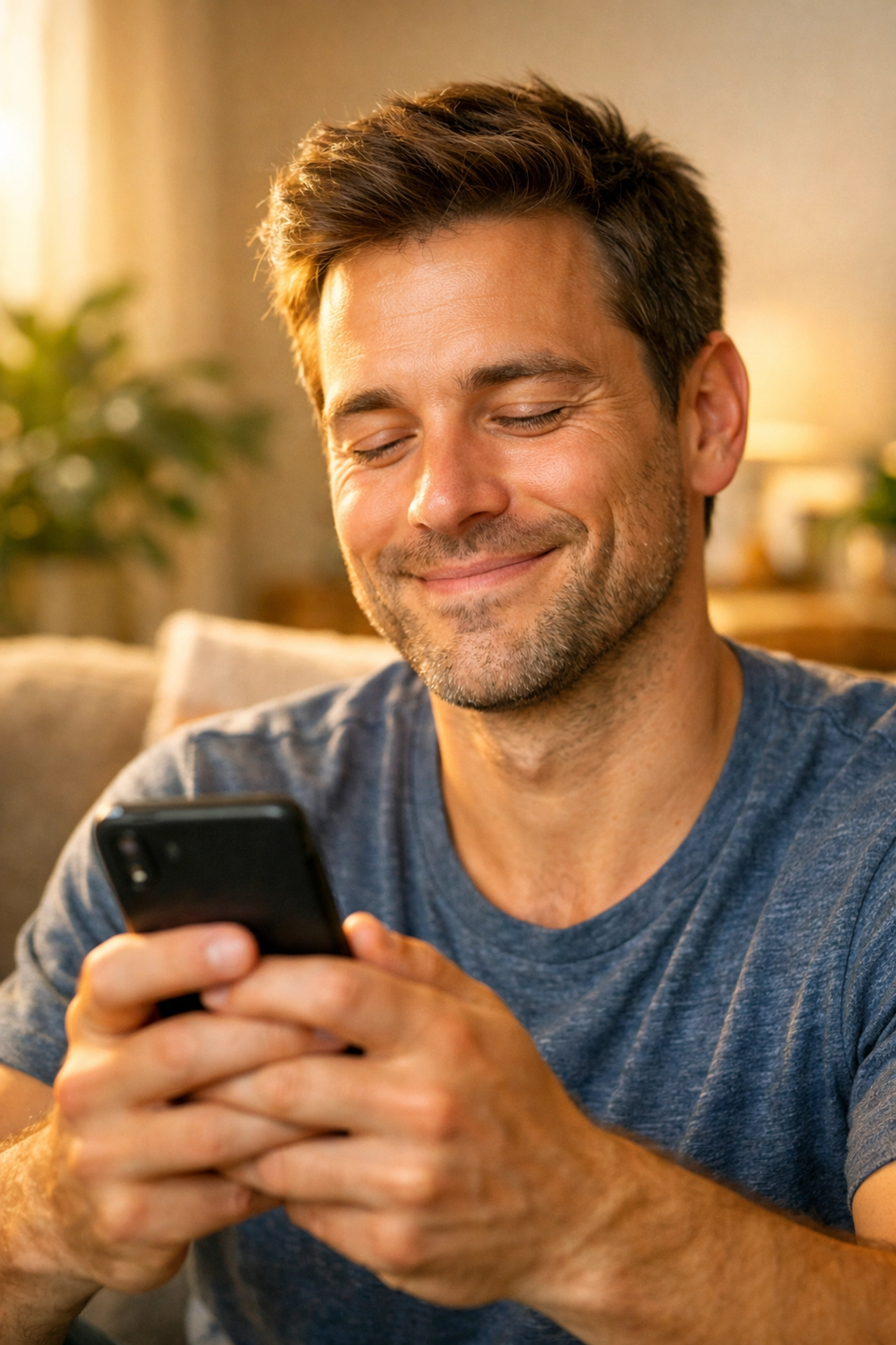 Homme soulagé consultant son téléphone pour un prêt sans enquête de crédit rapide.