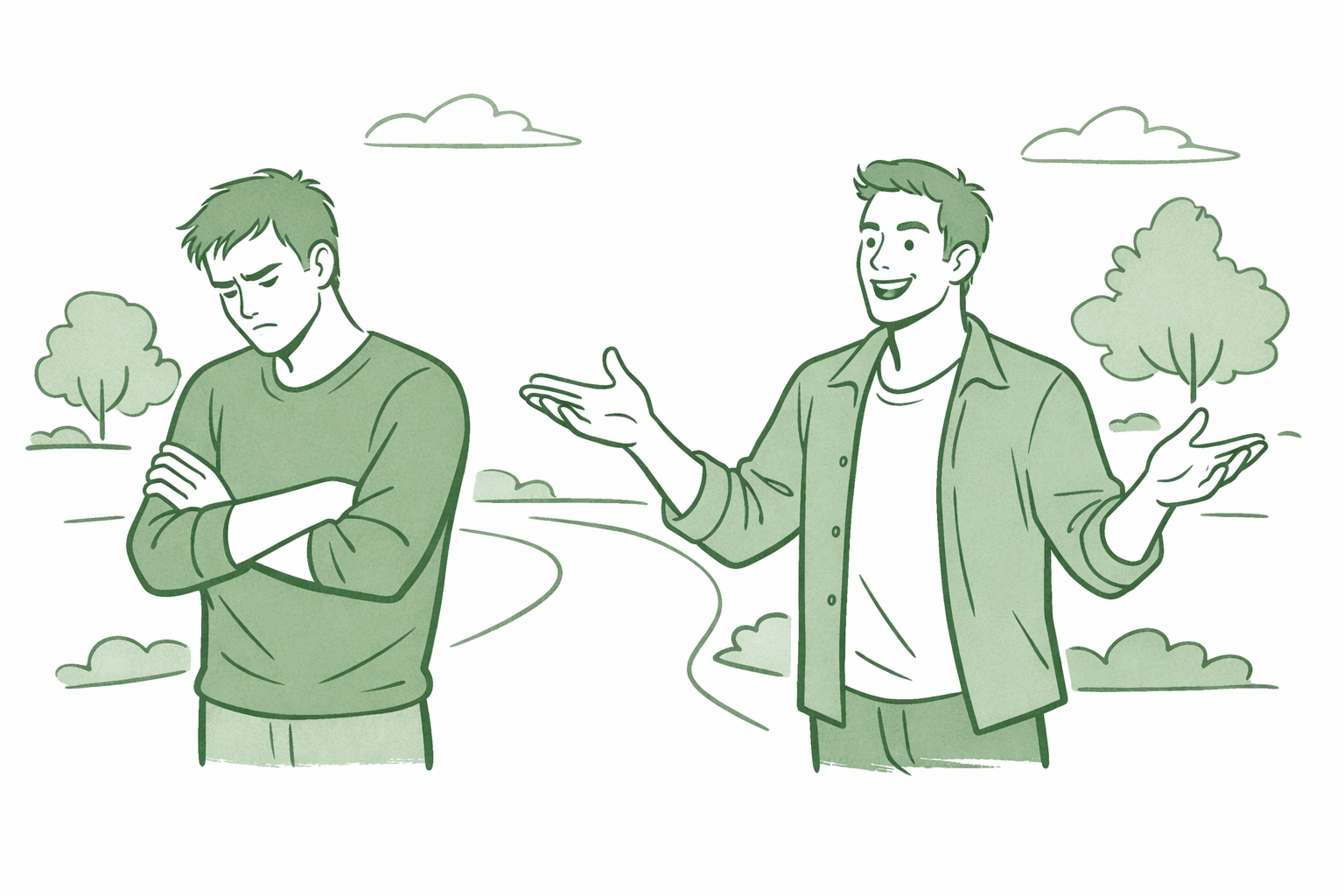 Grumpy sunshine trope illustration - contrasting personalities in gay romance