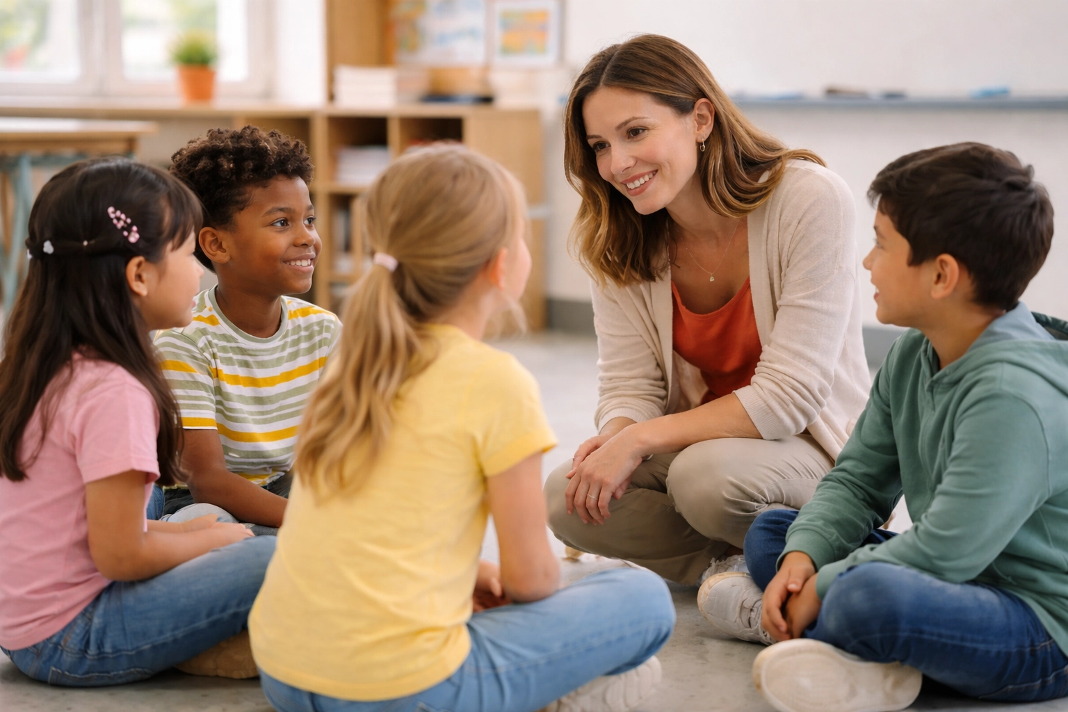 Leerkracht in gesprek met vier leerlingen (2 jongens, 2 meisjes) met diverse achtergronden in het klaslokaal.