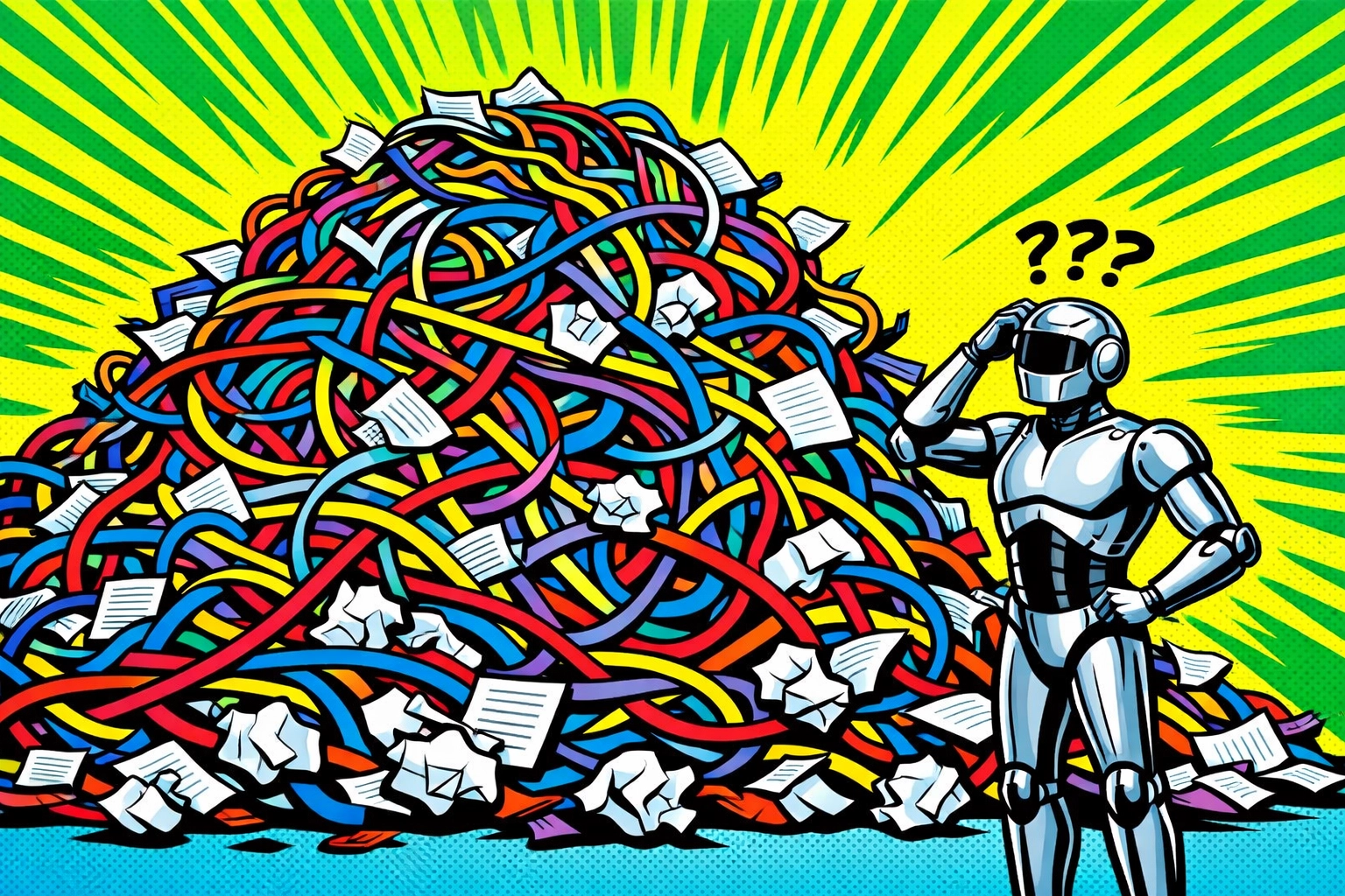 A robot overwhelmed by tangled data cables illustrating the risks of using messy business automation tools.
