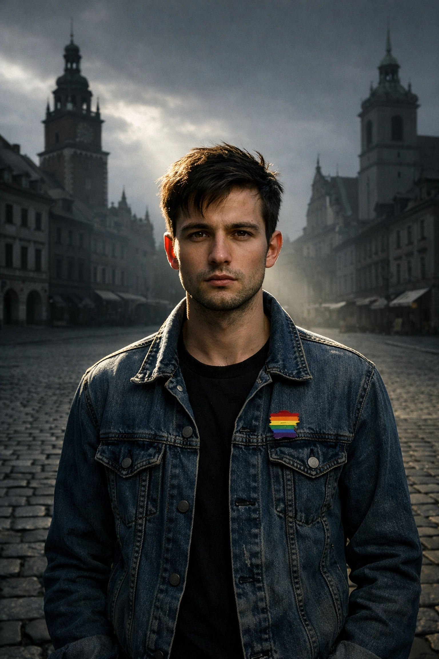 A young man with a rainbow pin in a Polish square, symbolizing queer resistance to LGBT-free zones.