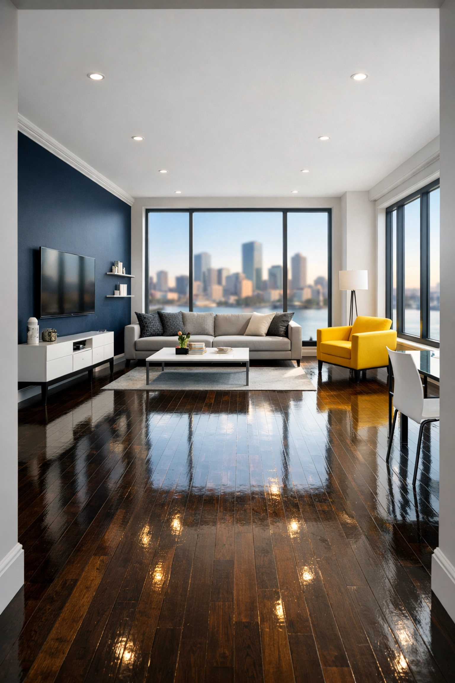 Spotless modern Boston loft featuring shiny hardwood floors after a professional apartment cleaning in Boston.