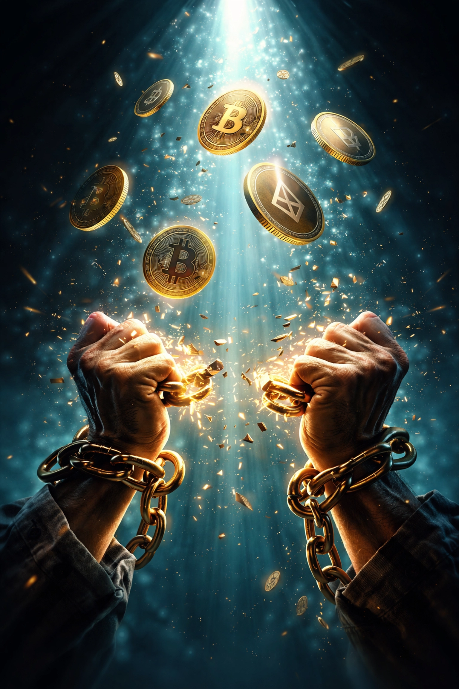 Merchant breaking free from chains to accept crypto payments, symbolizing lower interchange fees and financial freedom