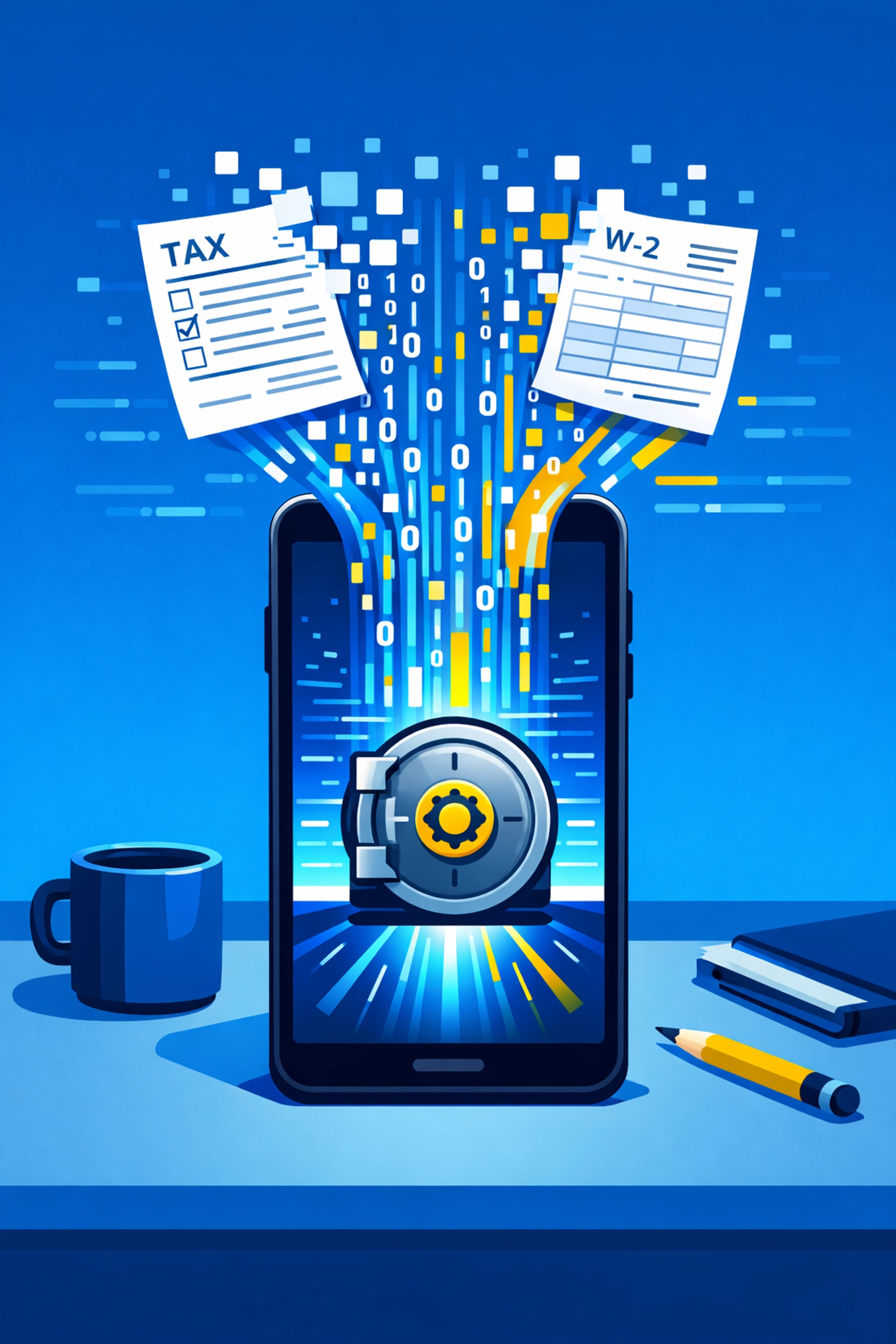 Smartphone converting tax forms to digital data for fast tax preparation and direct deposit.