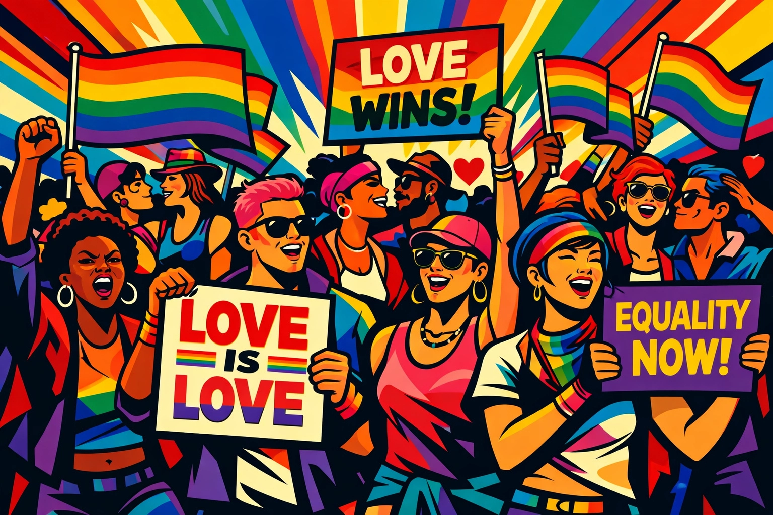 Diverse LGBTQ+ activists marching together with pride flags celebrating queer rights and advocacy