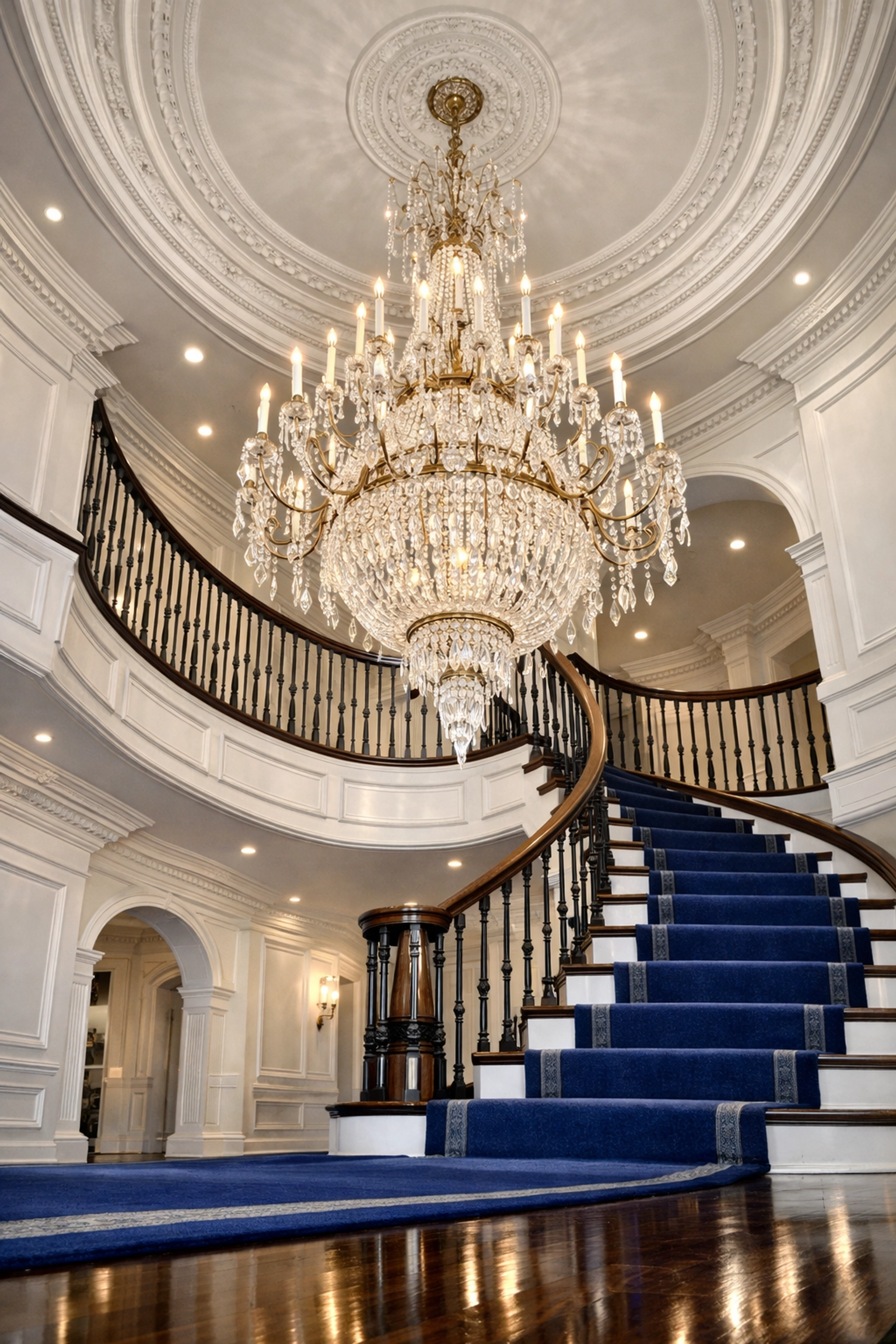 Detailed luxury residential cleaning in Hopkinton for a grand foyer with a crystal chandelier.
