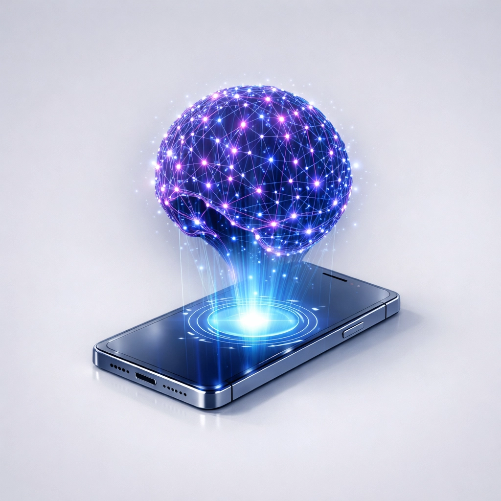 A digital smartphone displaying an interactive AI-powered search brain and data network.
