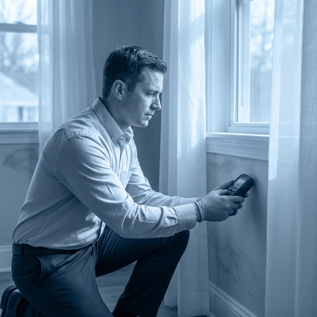A home inspector checks for moisture on a living room wall, helping buyers identify potential mold issues before purchase.