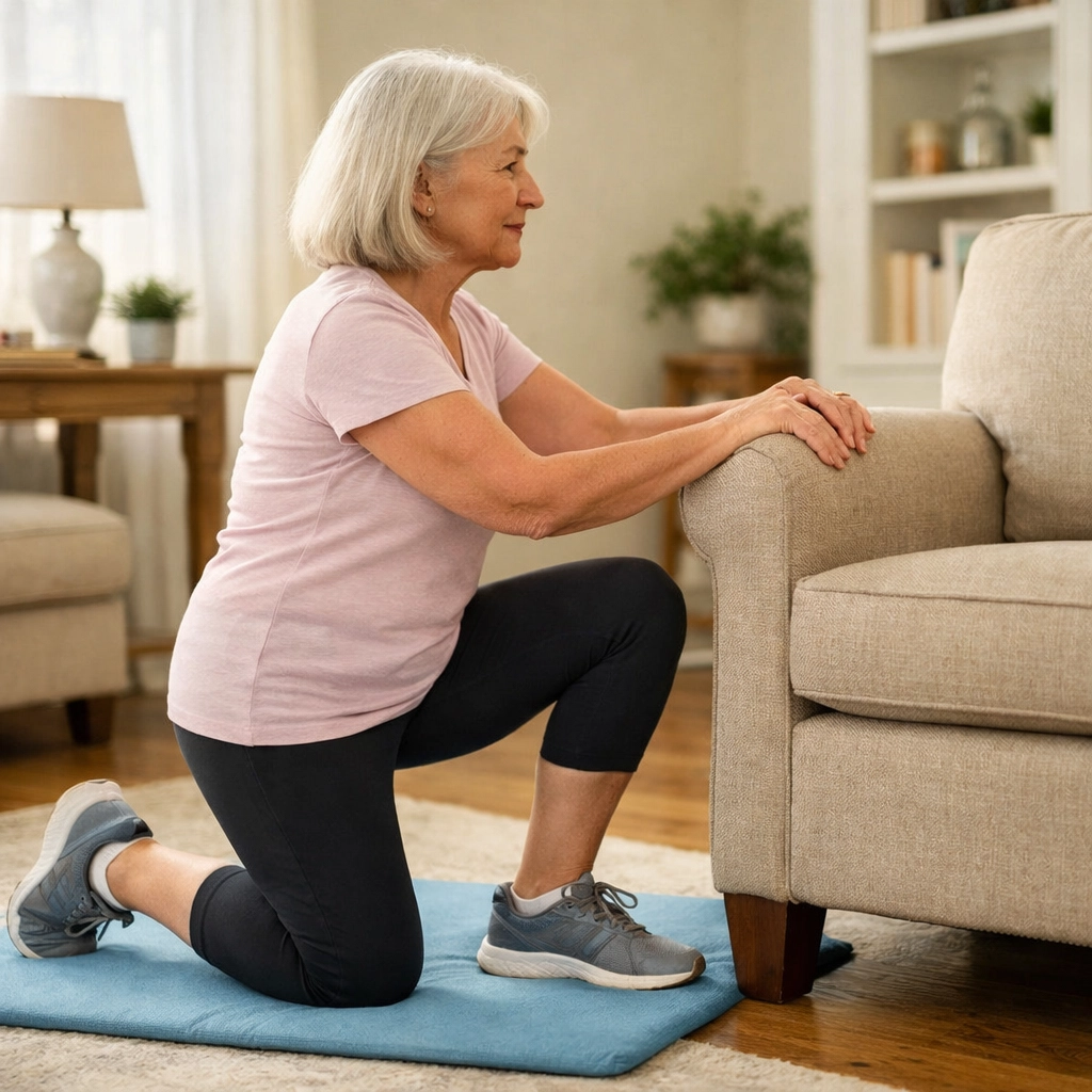 Senior woman in half-kneeling position using armchair support to safely stand after a fall