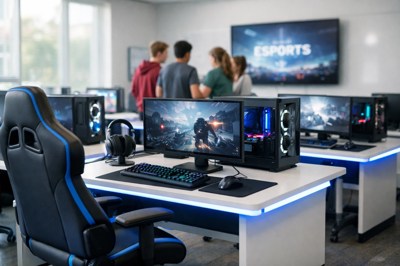 High school students in a modern esports lab with professional setups for educational sponsorship growth.