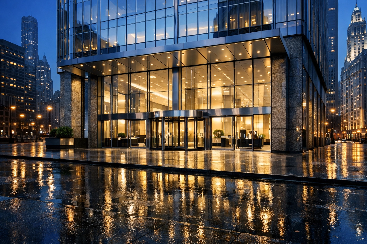 Modern Chicago skyscraper entrance representing metropolitan property management and cleaning authority.