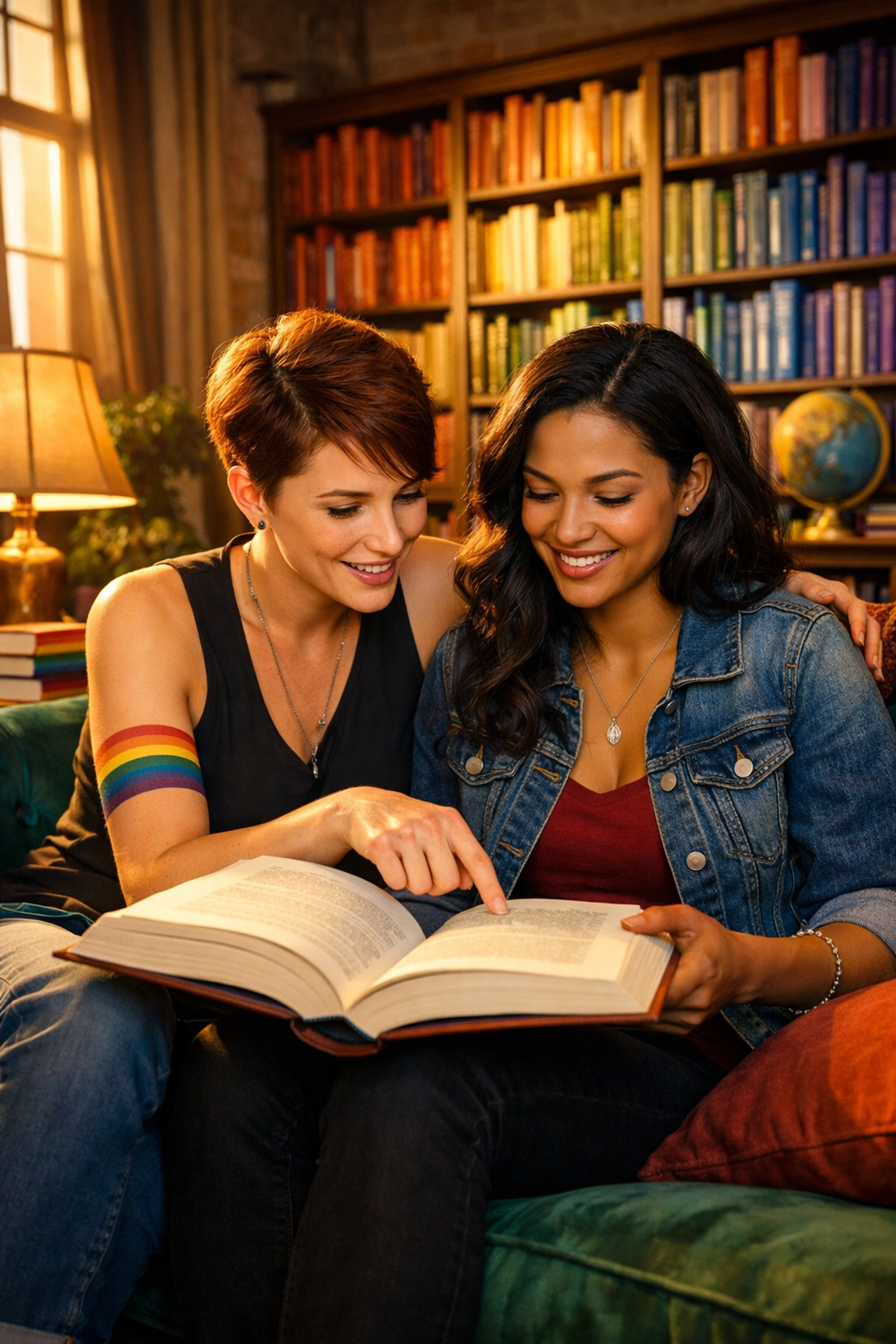 Two lesbian women reading queer fiction in a library with rainbow-colored bookshelves.