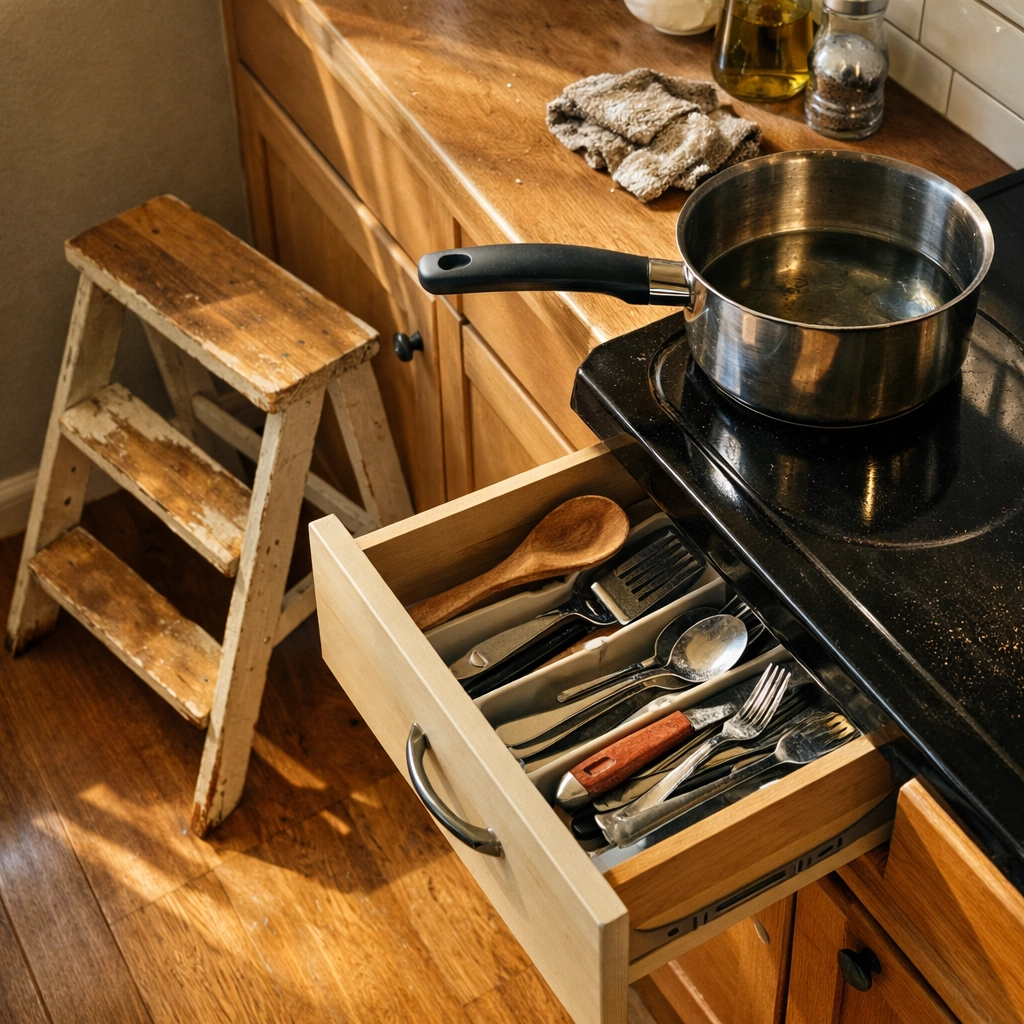 Kitchen safety hazards including wobbly step stool and outward-facing pot handle