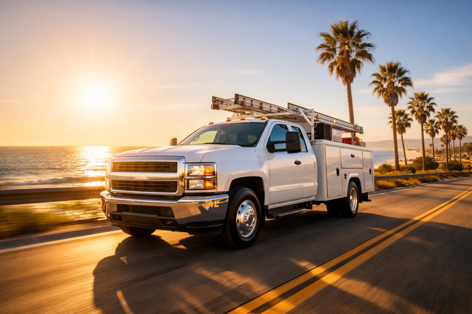 A professional service truck driving along the South Bay coast, representing California fleet maintenance services.
