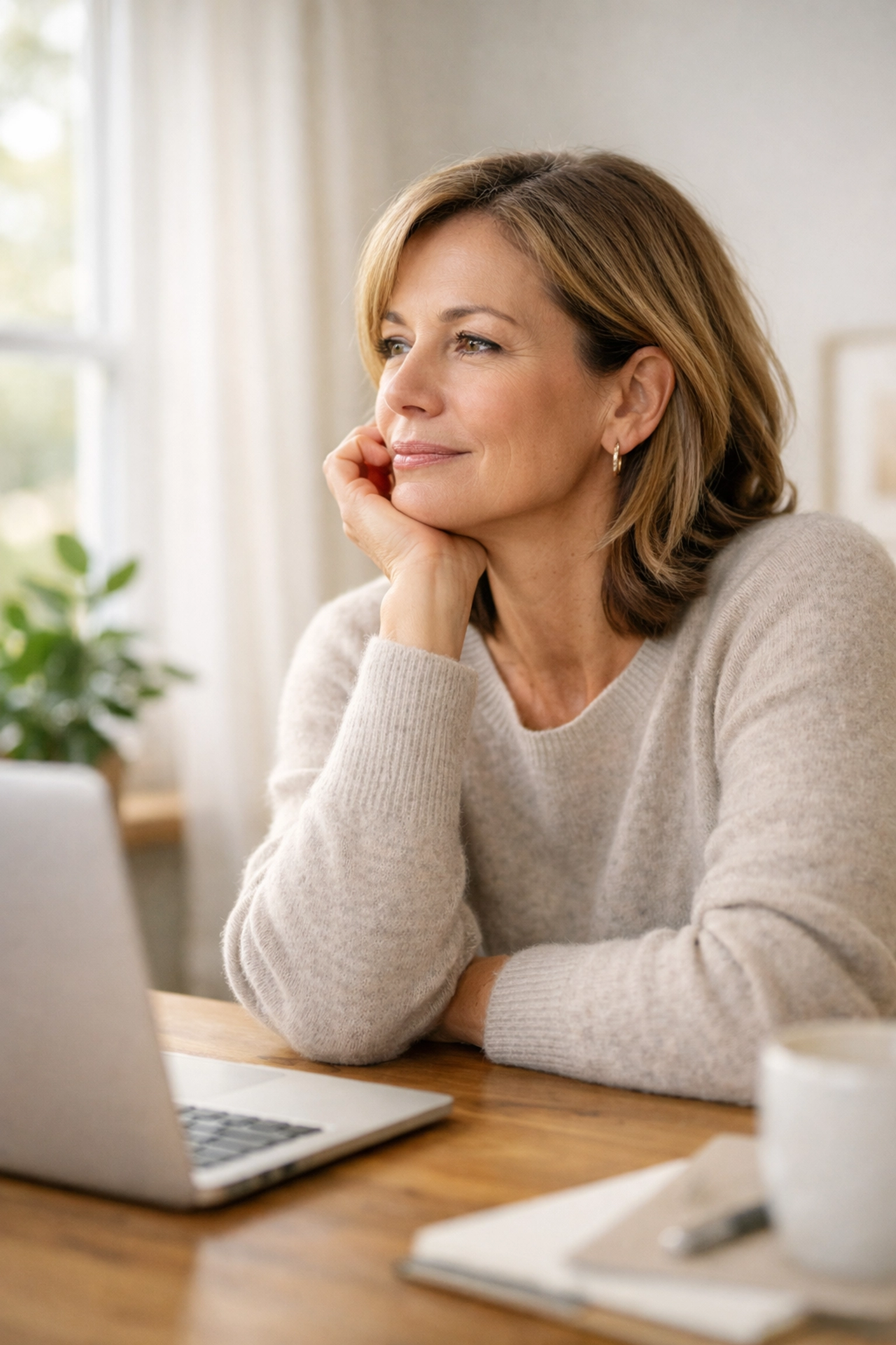 A professional woman reflecting at her desk, seeking relief from perimenopause anxiety and emotional overwhelm.