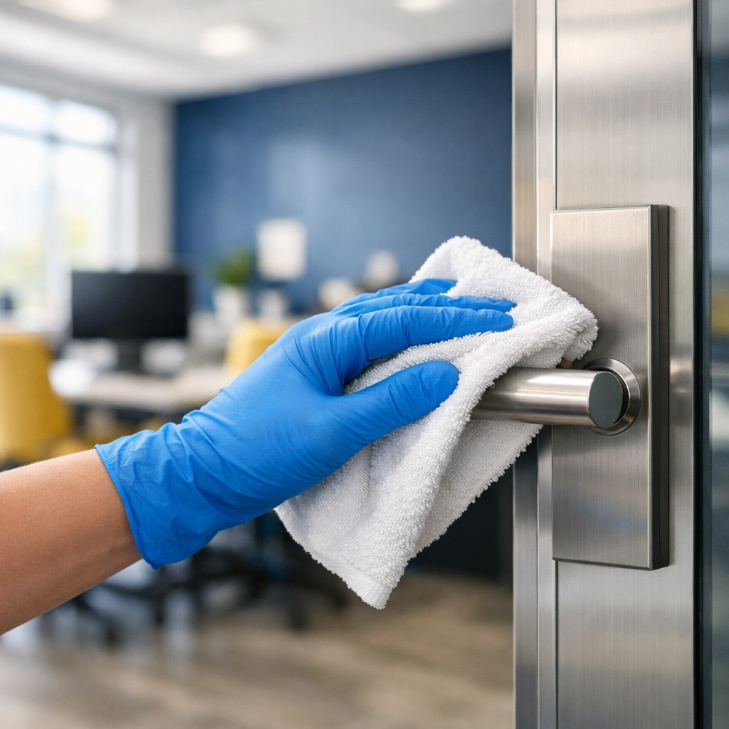 Professional office cleaning Northborough specialist sanitizing a metal door handle in a modern workspace.
