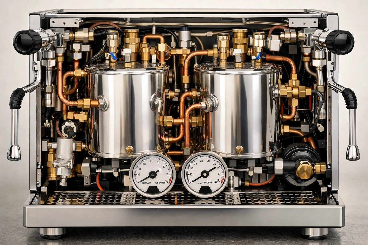 Dual boiler espresso machine showing separate brewing and steam boiler components