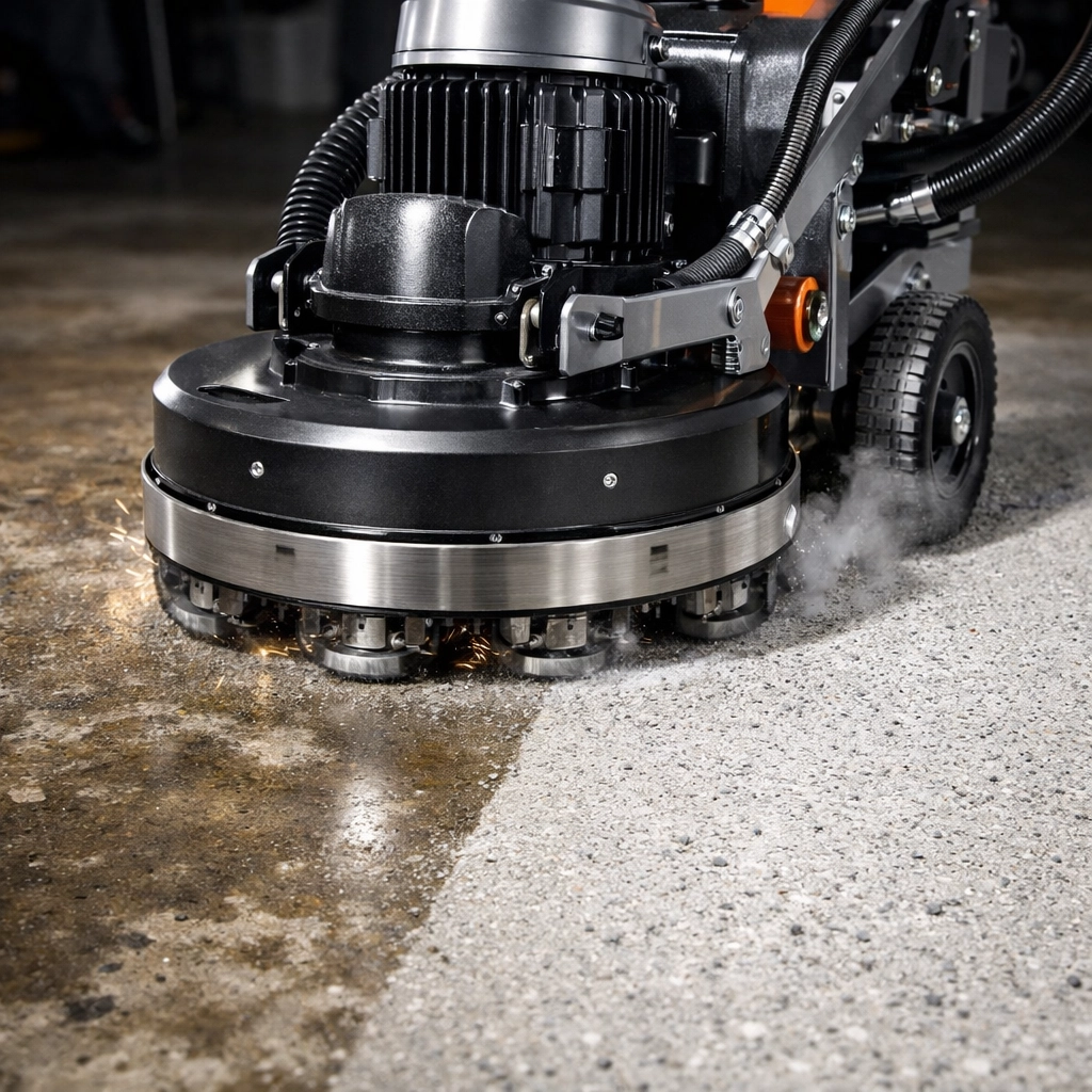 Industrial diamond grinding machine preparing a concrete garage floor for a professional coating in Brandon.