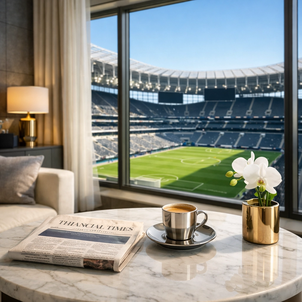 Luxury hotel suite with a stadium view for Super Bowl executive comfort and corporate hospitality.