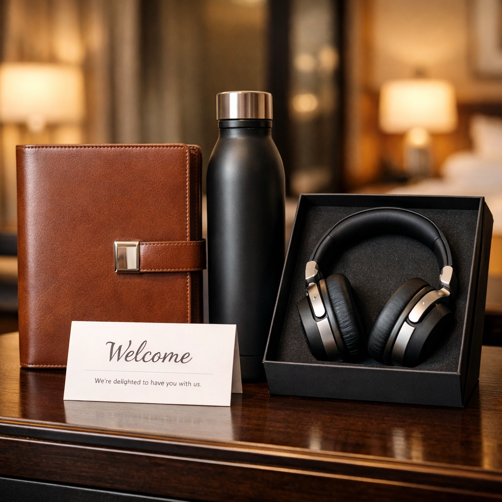 Premium corporate hospitality welcome kit featuring luxury travel gifts for executive guests.