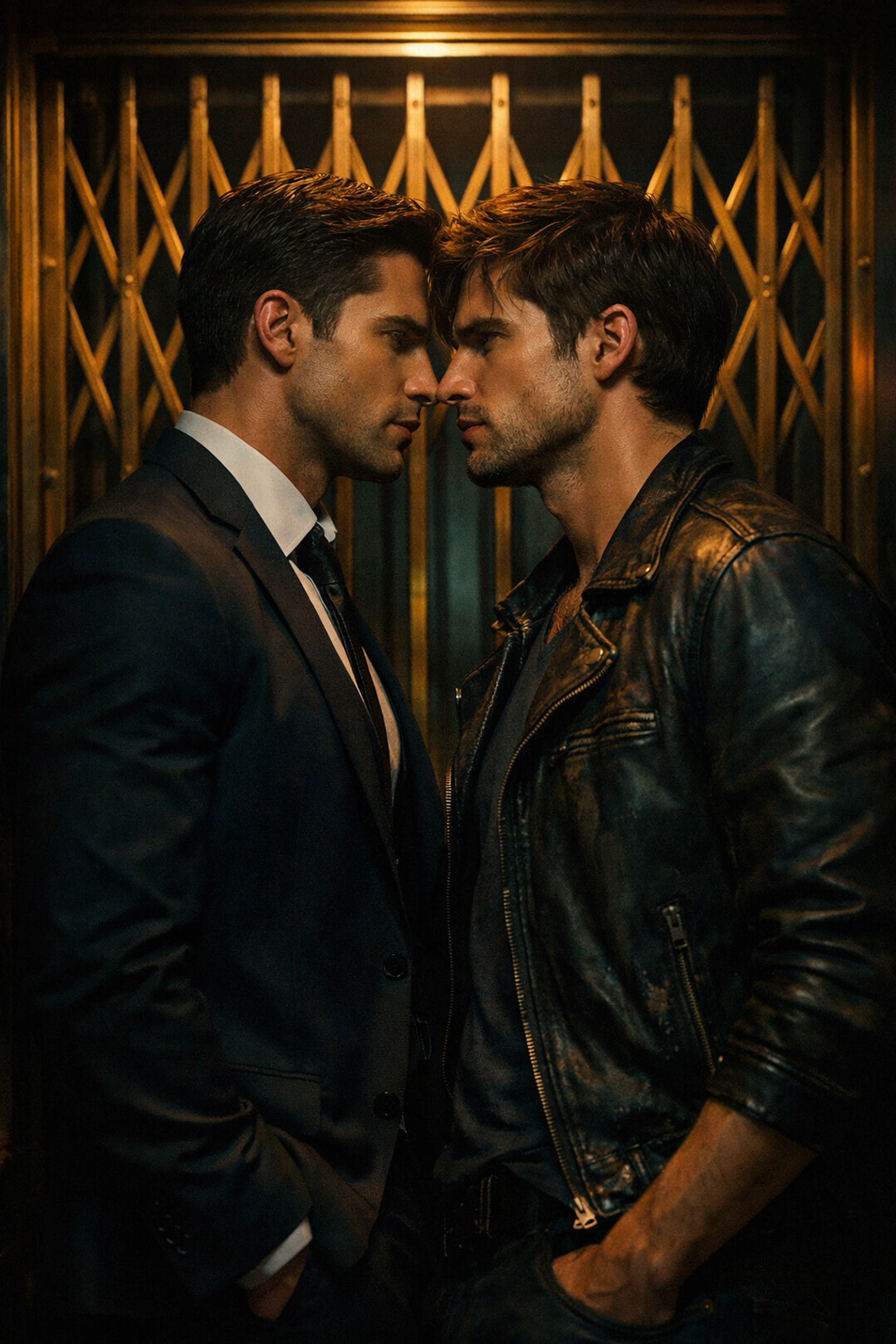 Two men in a romantic scene illustrating the popular forced proximity MM romance trope.
