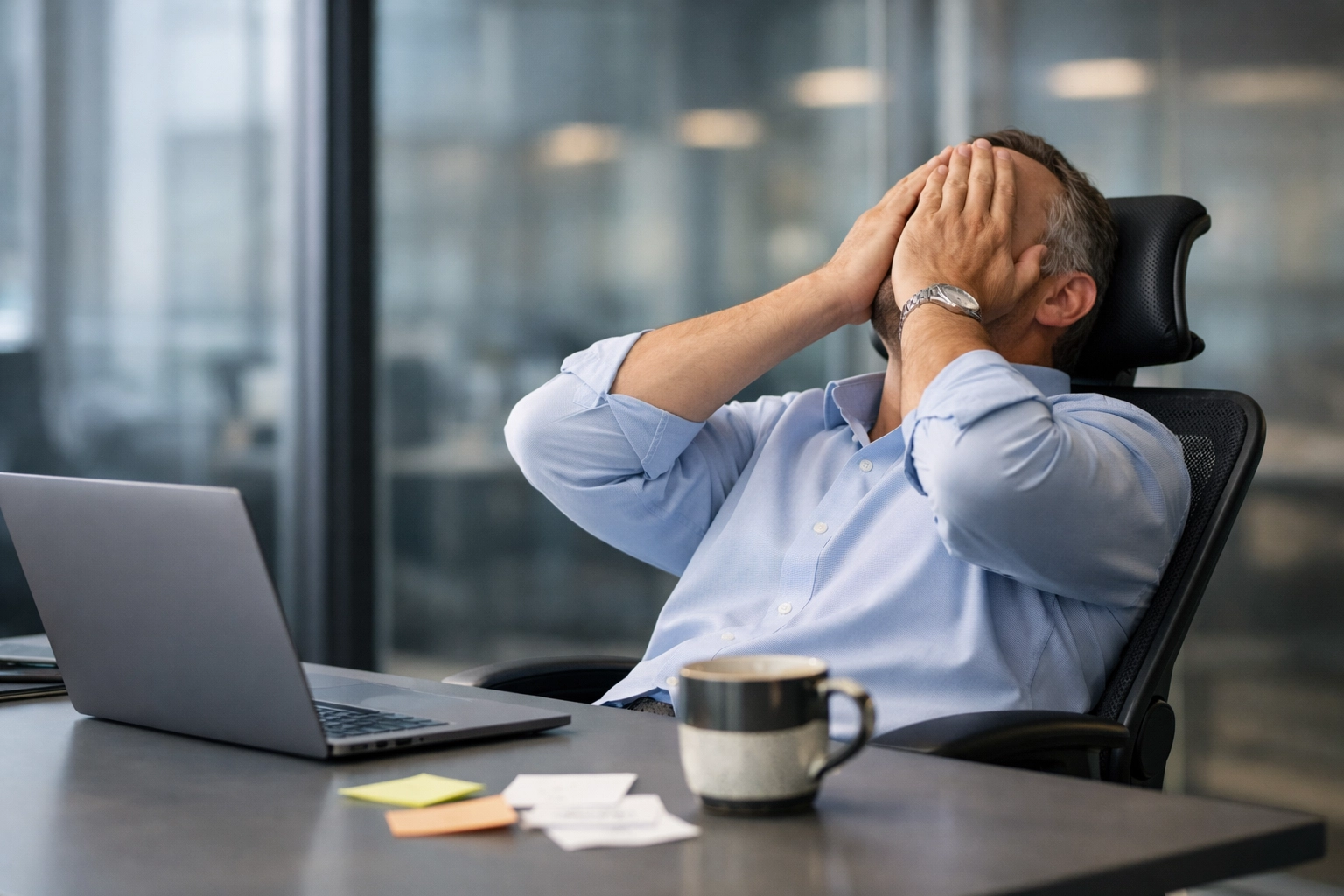 Frustrated business owner overwhelmed by manual tasks and micromanagement in a modern office.