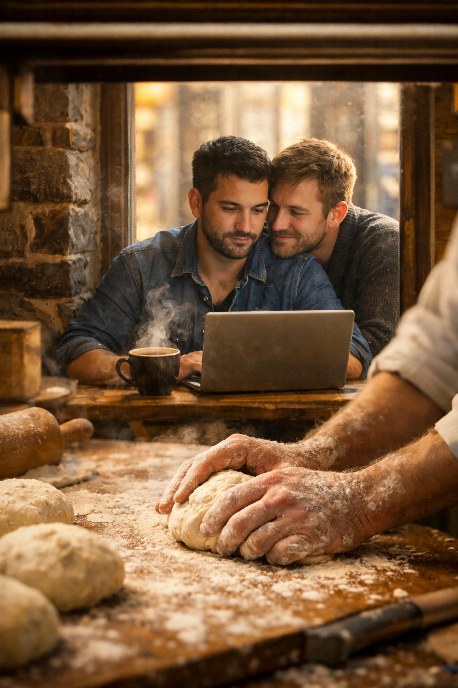 Baker and writer working together in Quebec City bakery - MM romance and creative partnership