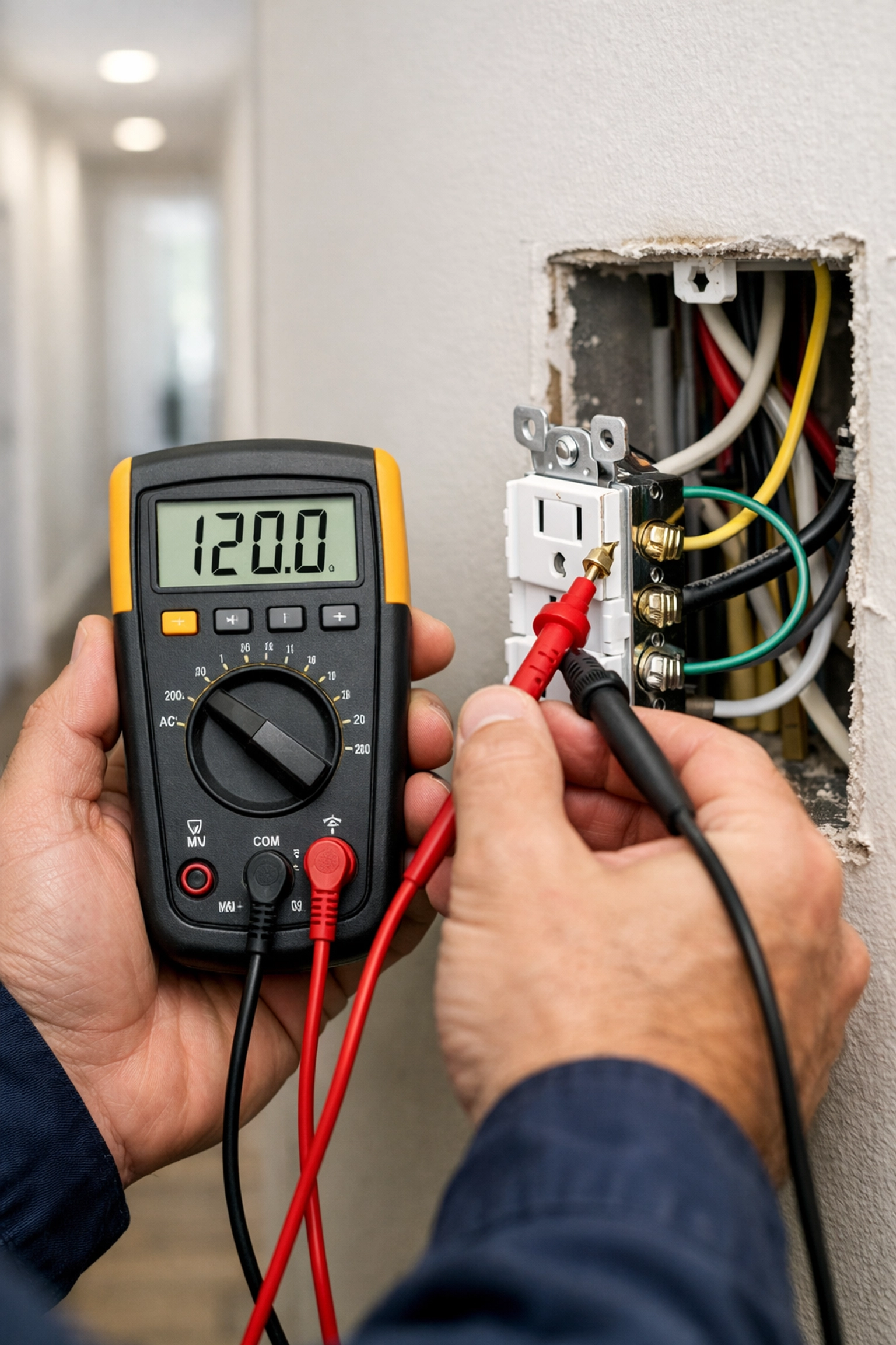 Electrician in Dorset using a multimeter to test home wiring safety and circuit integrity.