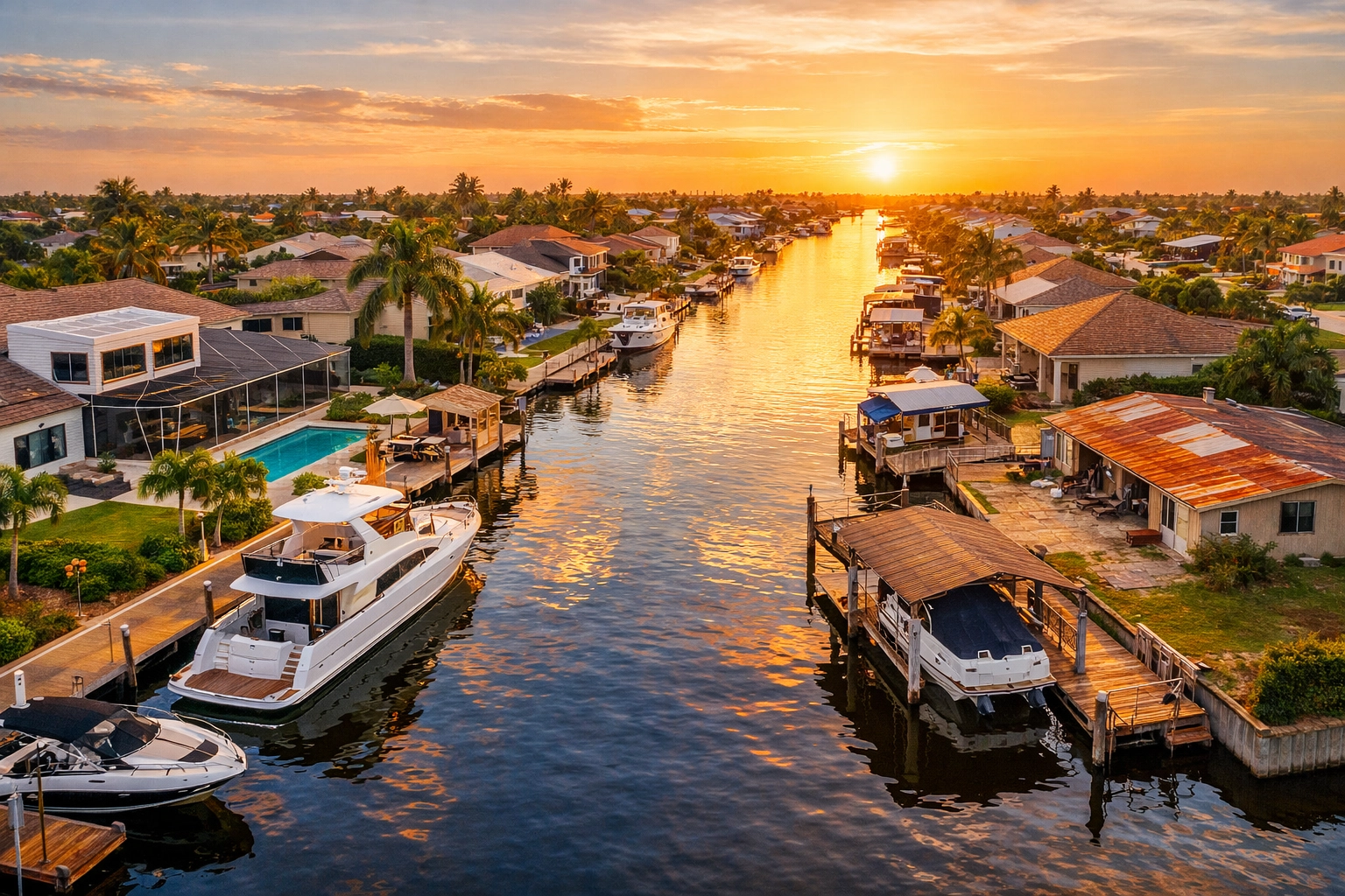 Cape Coral luxury waterfront homes along canal with boats and private docks
