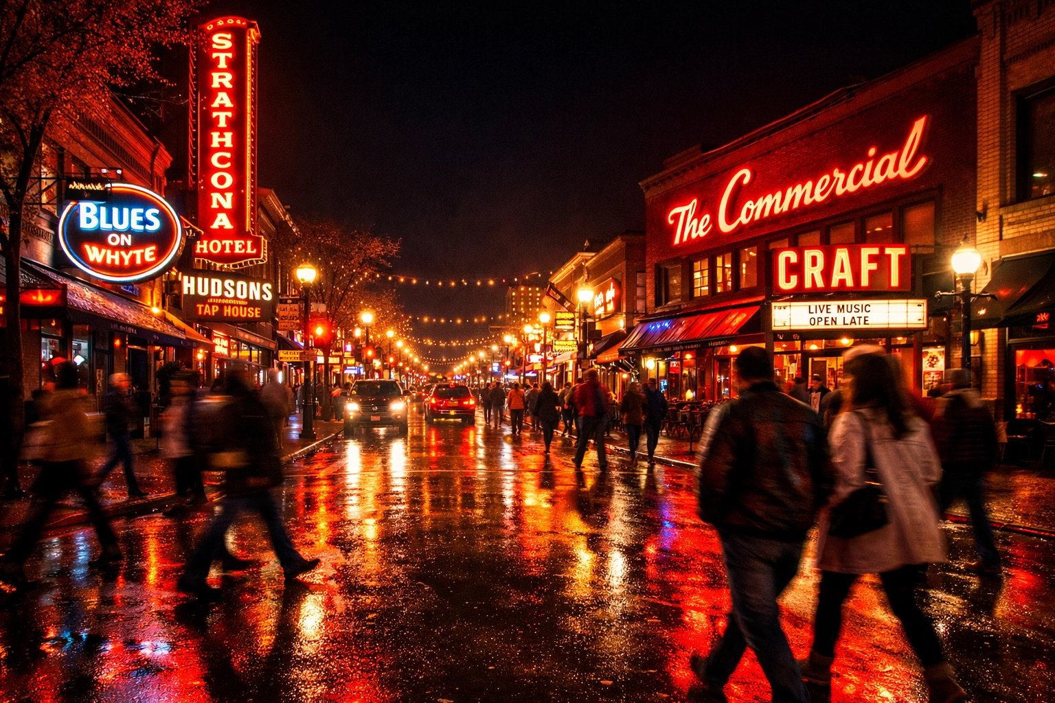 Whyte Avenue at night with illuminated storefronts in Old Strathcona entertainment district