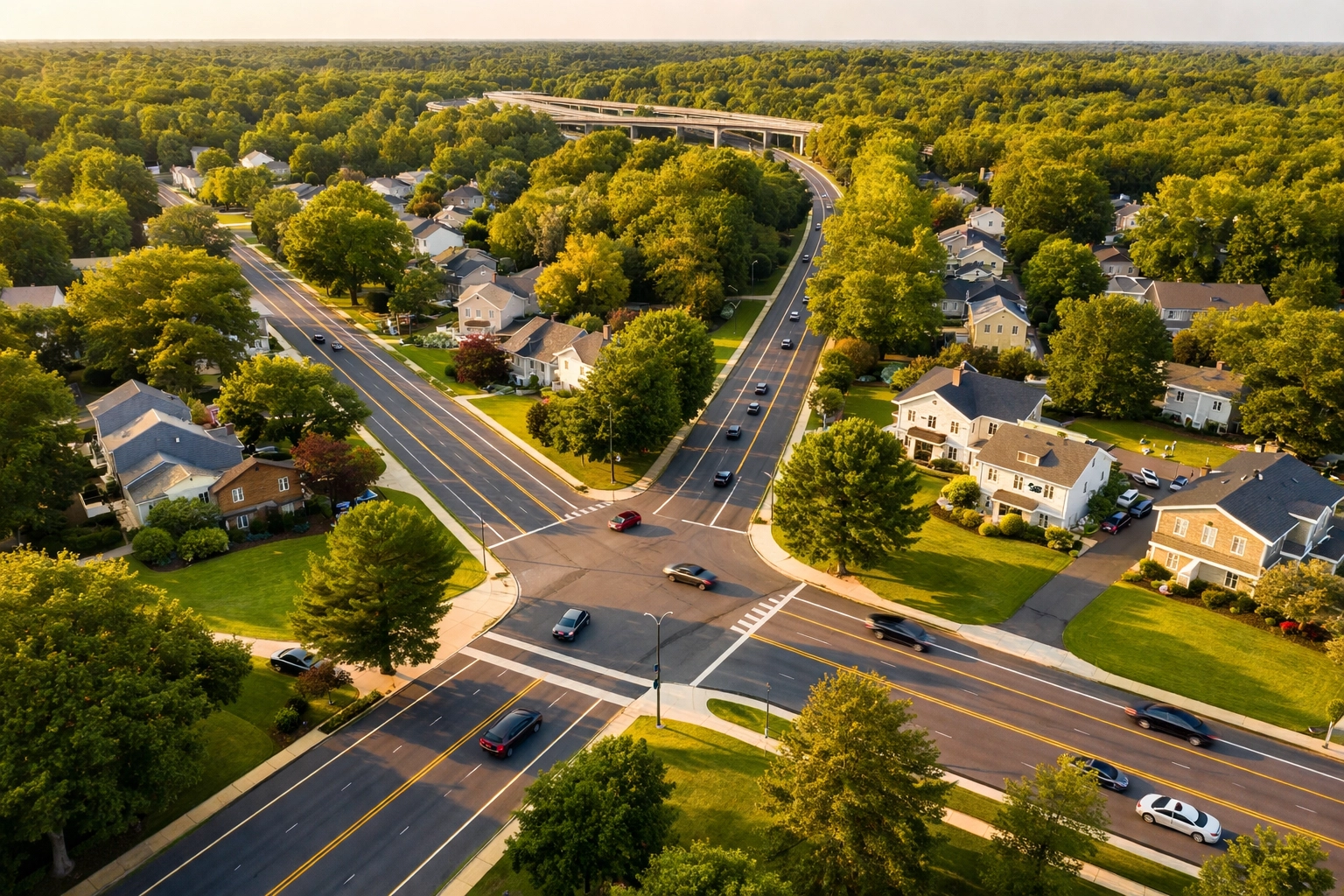 Aerial view of Mount Laurel NJ with tree-lined streets and highways, highlighting easy commuter access and suburban living.