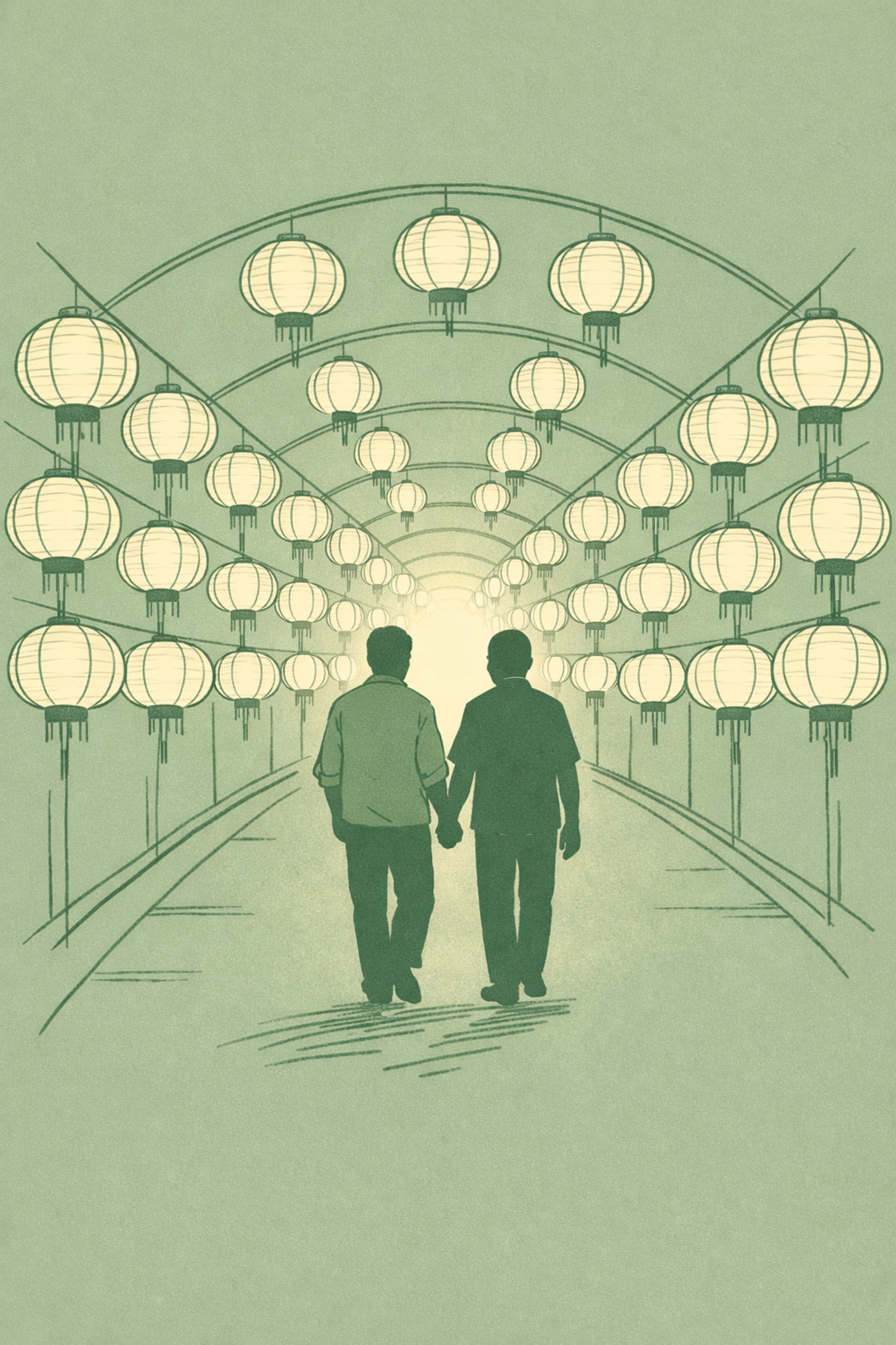 Gay couple walking through illuminated lantern tunnel at Taipei Lantern Festival Taiwan