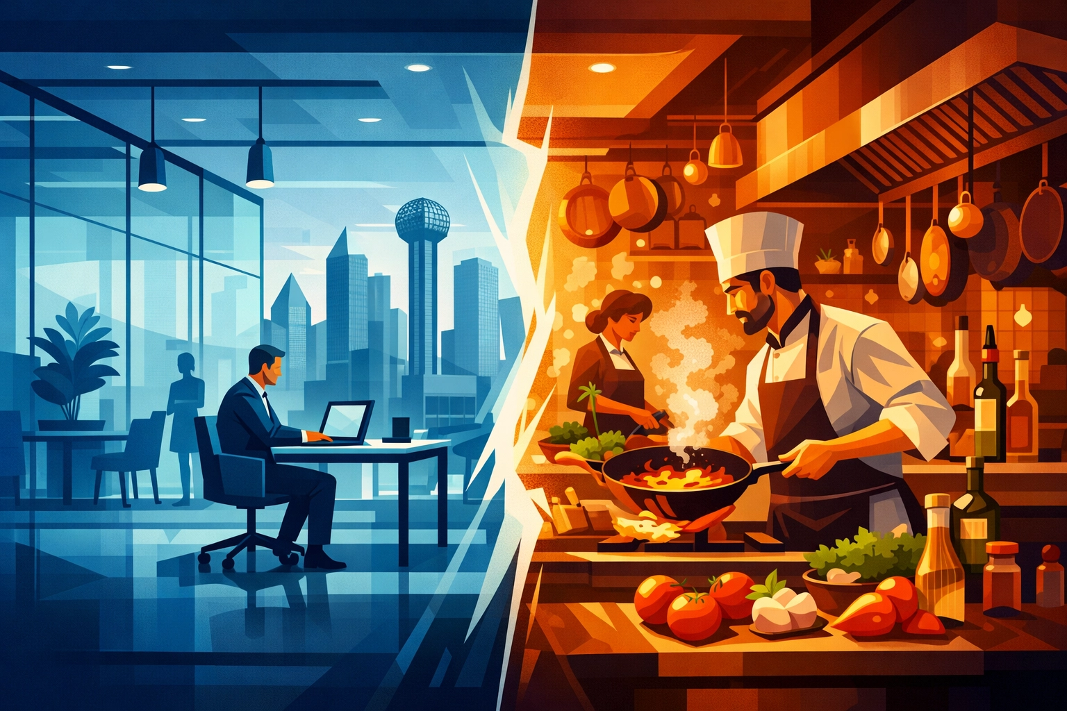 Corporate office and restaurant kitchen merge symbolizing love and career balance