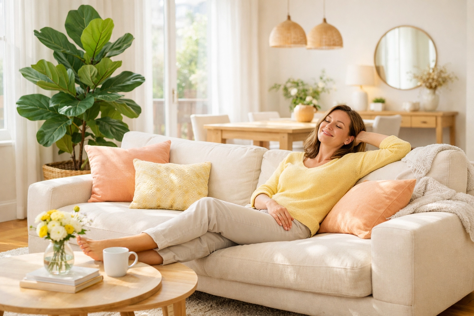 Relaxed homeowner in a clean living room, benefiting from a bonded and insured cleaning service.