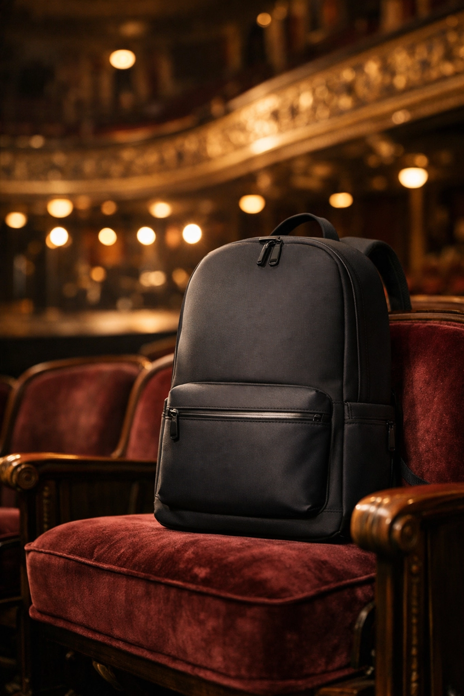 Minimalist backpack on a theater seat representing professional mobility in music marketing.