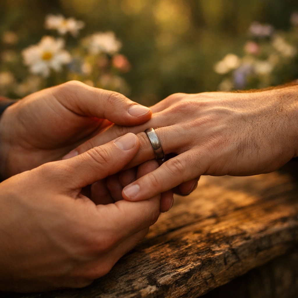 Transmasculine couple exchanging titanium wedding rings during outdoor forest ceremony