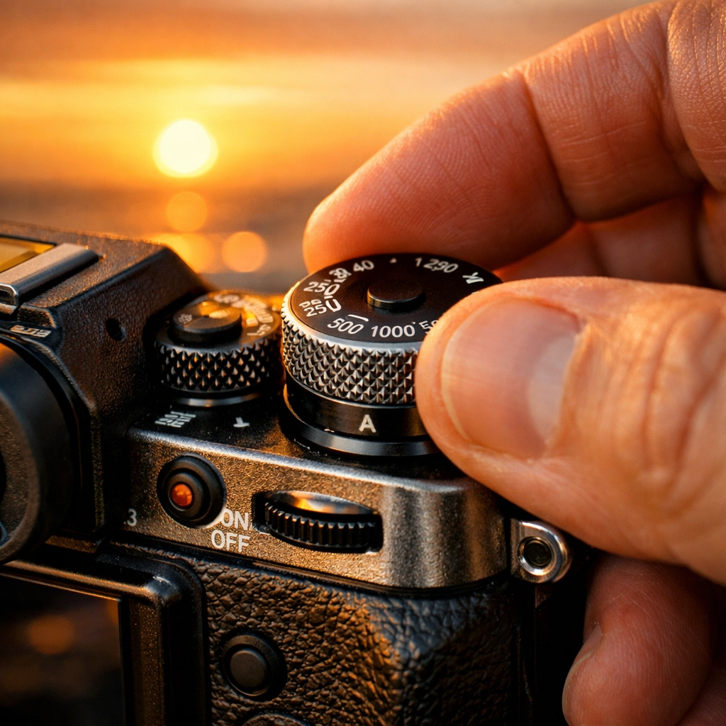 Close-up of a photographer's hands adjusting manual settings on a digital camera at sunset.